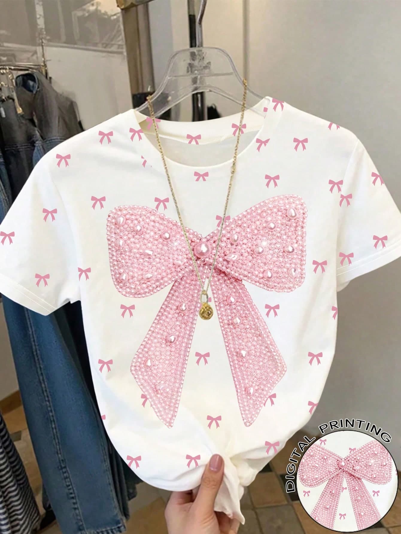 1pc Girls' Sweet Bow Print Short Sleeve Round Neck T-Shirt, Casual Versatile Children's Top Suitable For Summer Outings