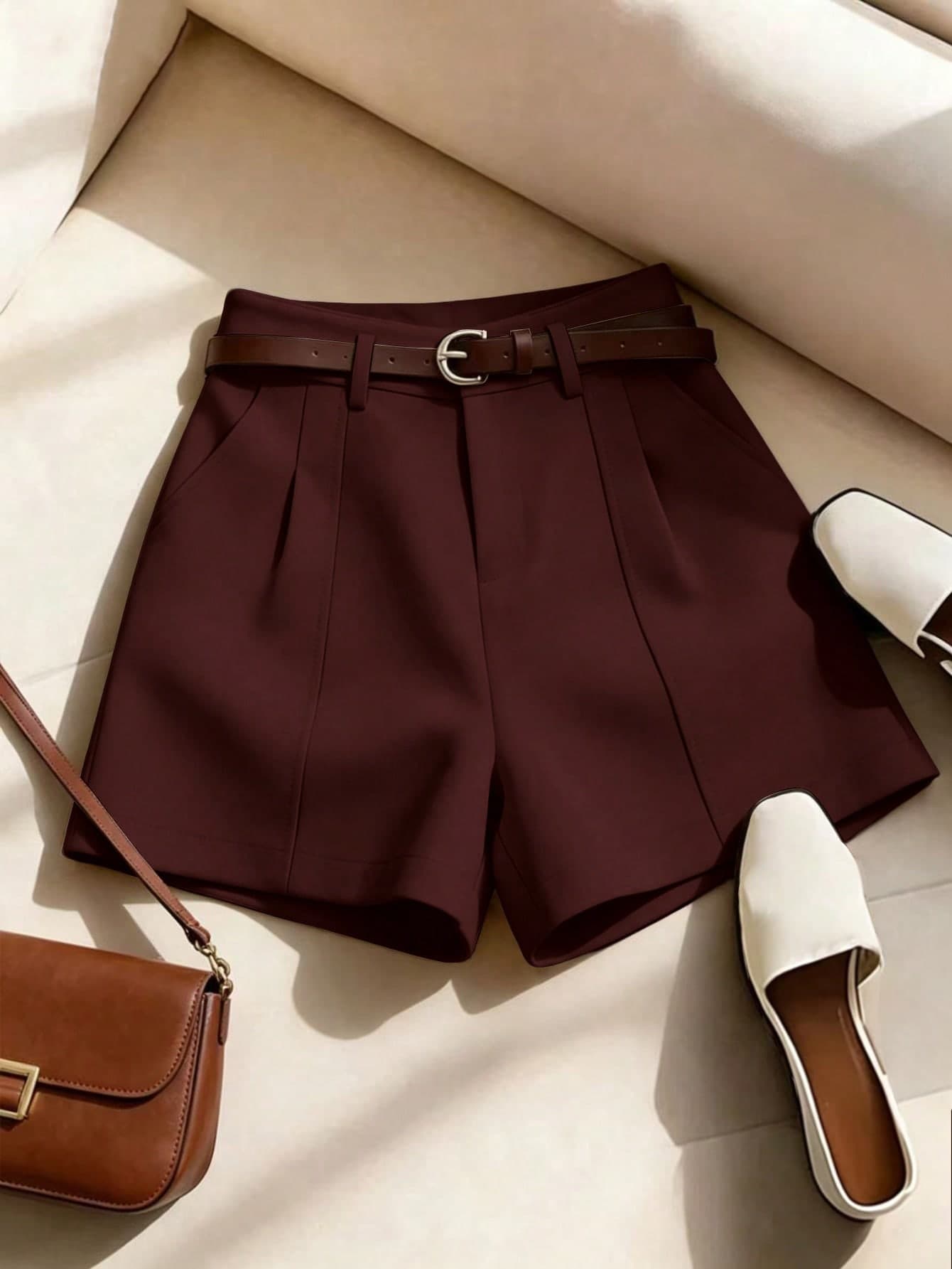 Franclia French Minimalist Fashion Woven Solid Color Commuter Casual, Retro, High Waist A-Line Wide Leg New Women Shorts