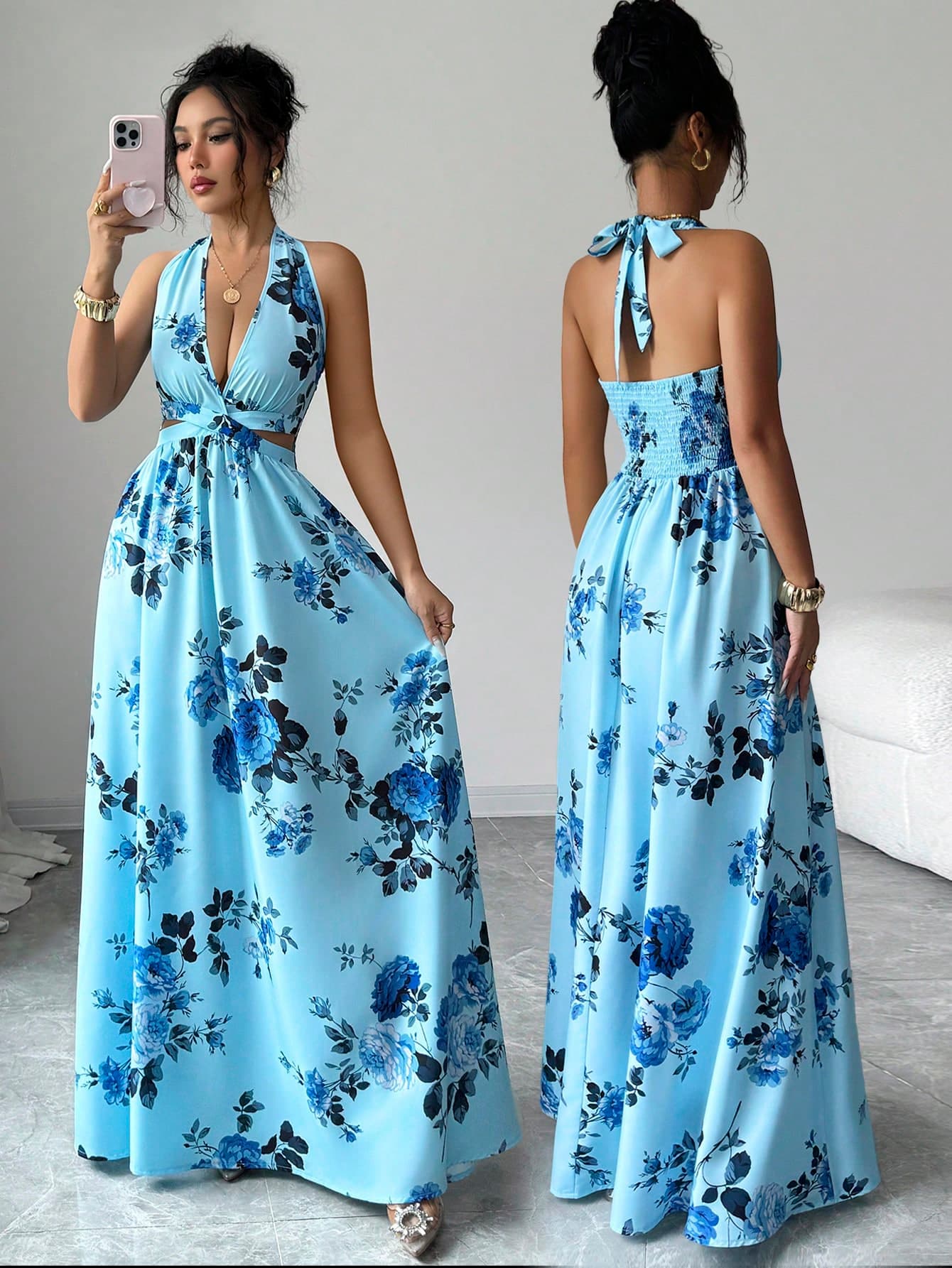 Elenzga Women's Light Blue Floral V-Neck Dress,Elegant Boho Summer Vacation Holiday,Lightweight Waist Cinched Everyday Wear Casual Beach Birthday Wedding