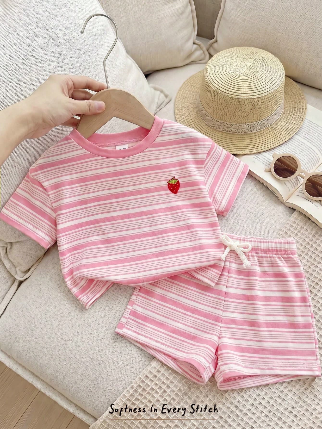 Cozy Pixies Baby Girl Strawberry Striped Pattern Knit Soft Round Neck Short Sleeve Top And Elastic Waist Shorts 2-Piece Set