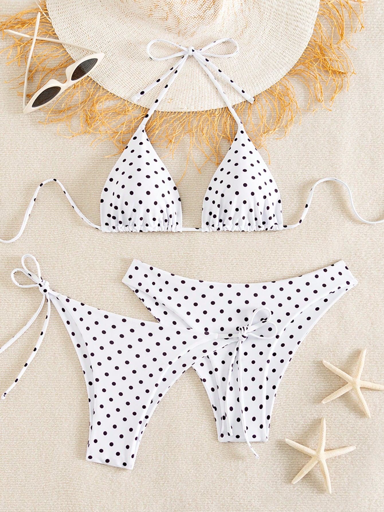 Swim Vcay Women's White With Black Polka Dots 3-Piece Set Triangle Cup Bikini Swimwear,Summer Tropical Holiday Beach Pool Party Vacation Knitted Dress