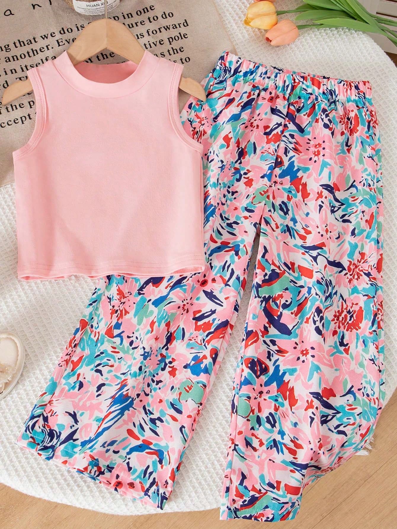 SHEIN Young Girls 2pcs/Set Summer Matching Family Vacation Cap Sleeve Top And Elastic Waist Loose Pants Outfit,Suitable For Kids Girl Holiday Travel Terno