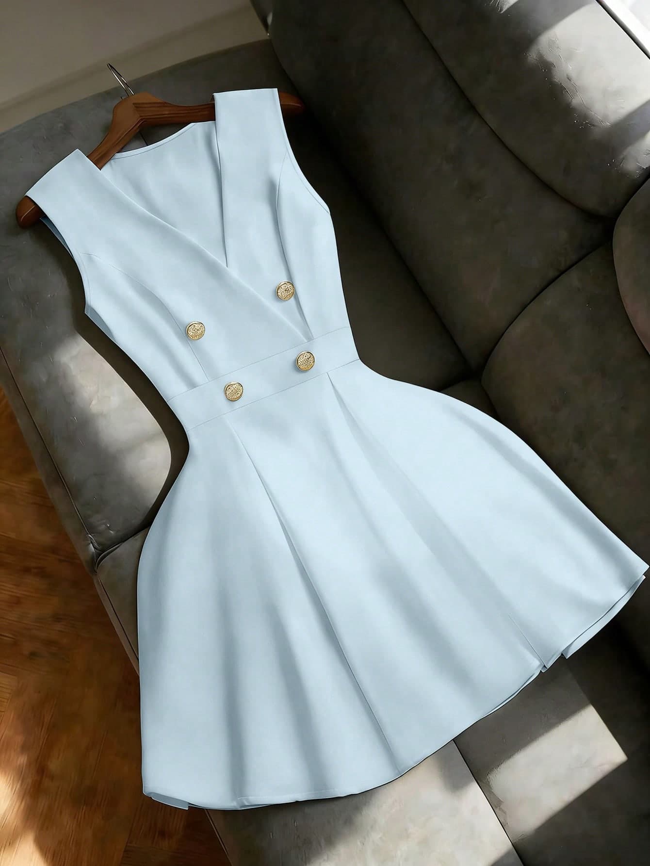 Franclia Minimalist Commuter V-Neck Wide Strap Faux Button Waist Fitted Elegant Versatile Casual Vacation Dress For Women
