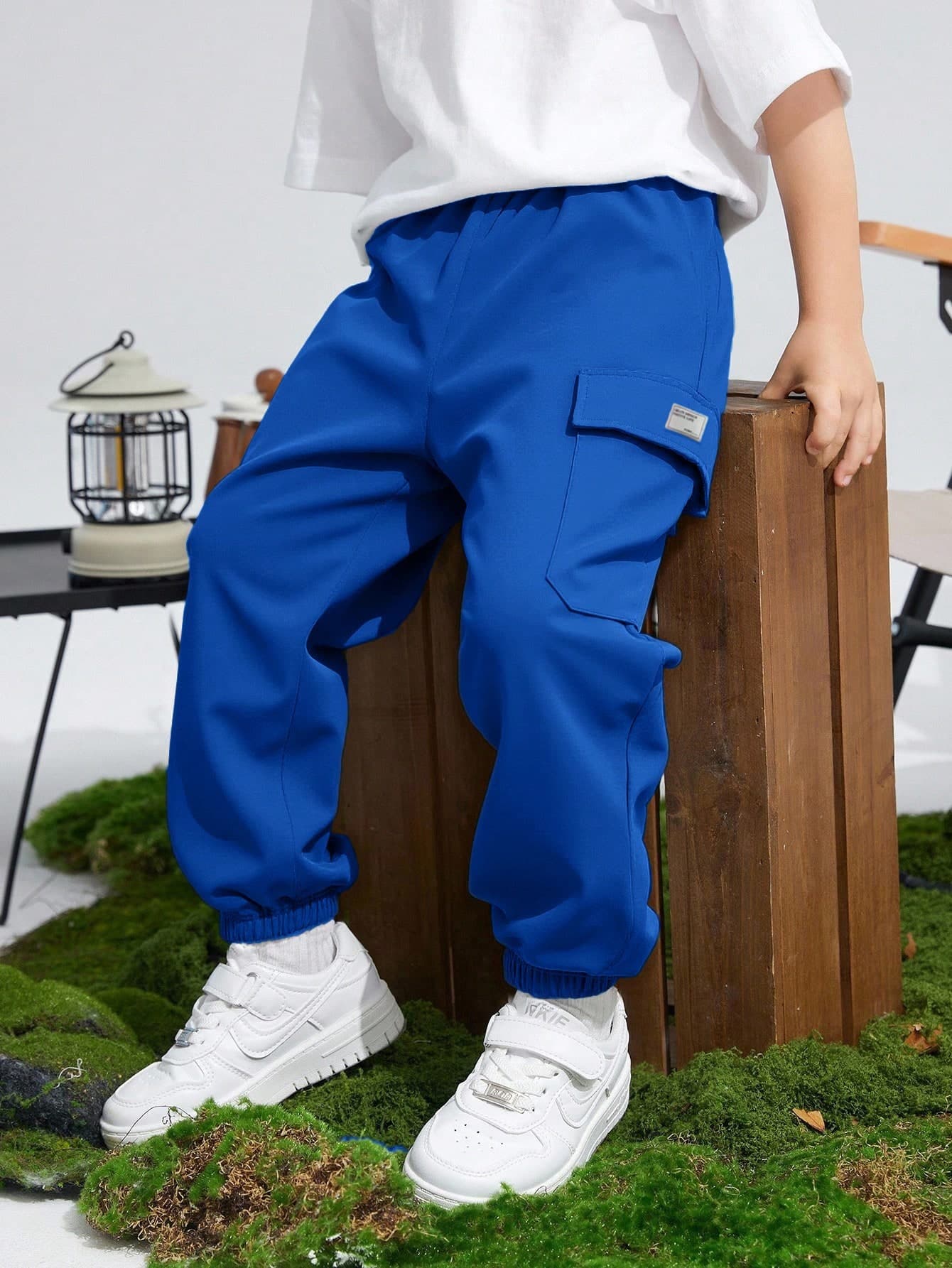 SHEIN Kids/Tween Boys' Royal Blue Summer Streetwear Cargo Pants,Loose Casual Sports Graphic Print Pockets Drawstring Trousers For School,Daily,Travel,Sports