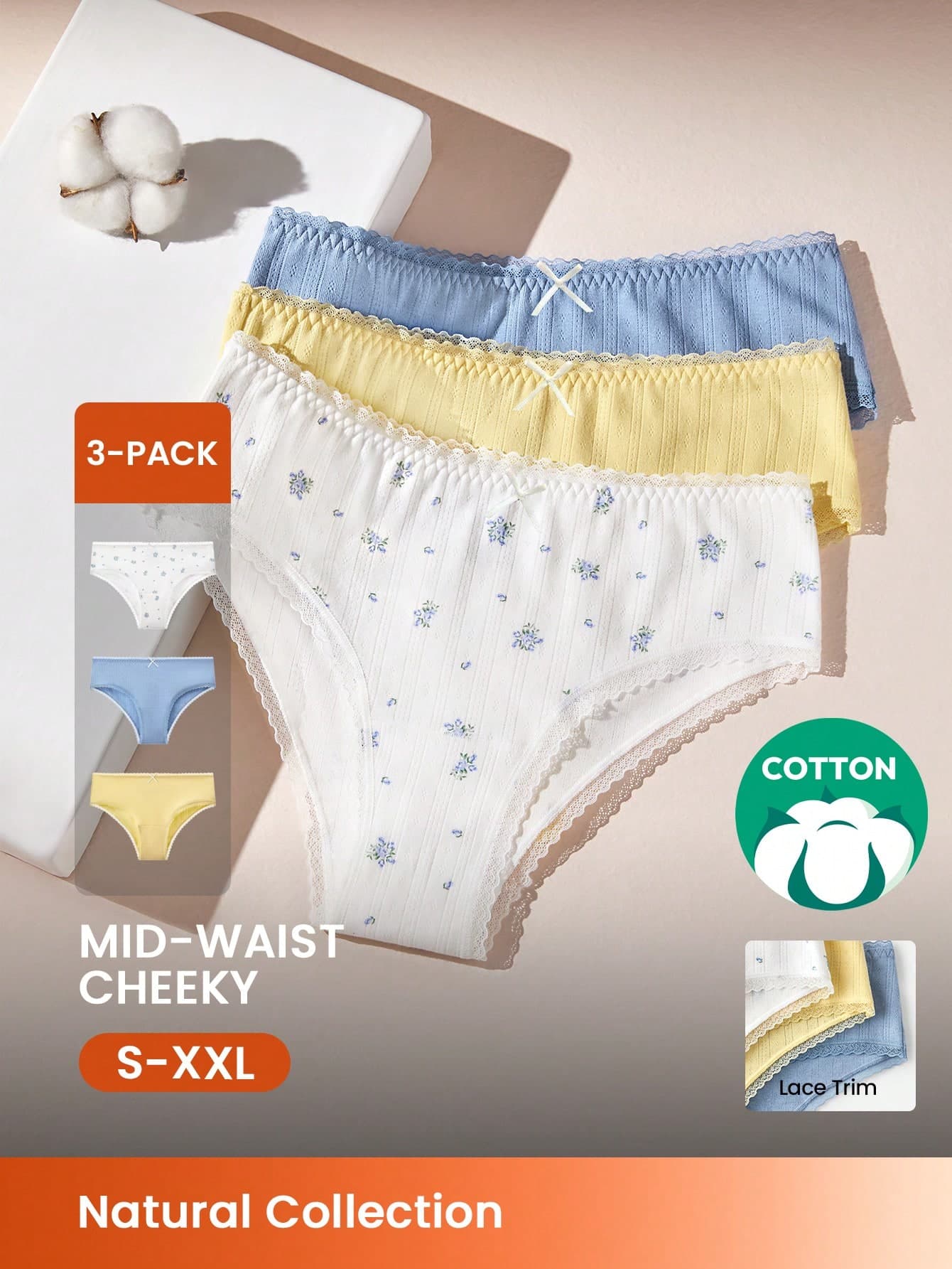 LUVLETTE 3-Pack Soft Cotton Basic Floral Print Lace Trim Mid-Waist Underwear Cheeky-White