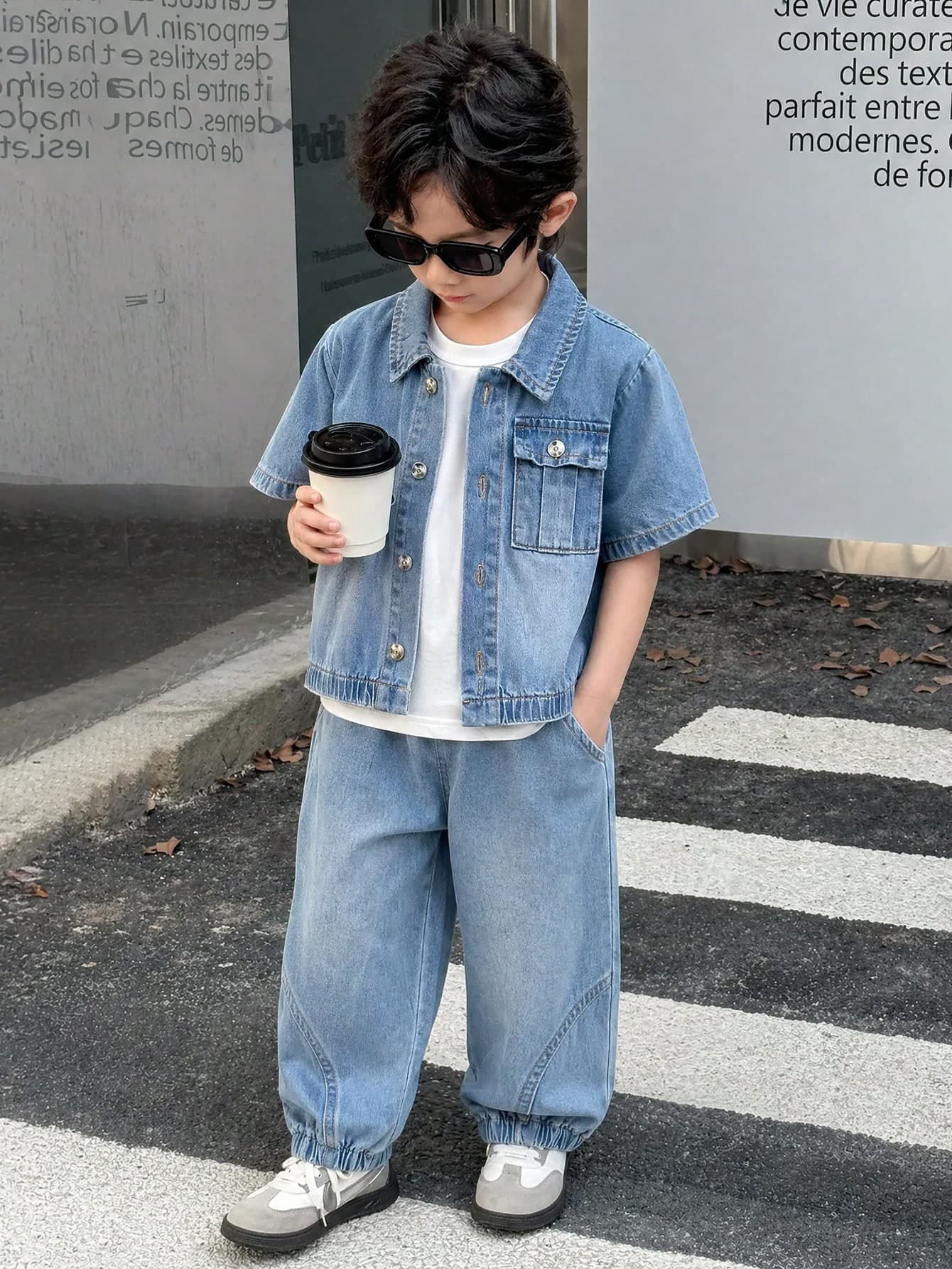 Genkimix Kids Young Boy Casual Daily Commute Denim Shirt With Flap Pockets & Tapered Denim Pants Set, Spring/Summer/Autumn