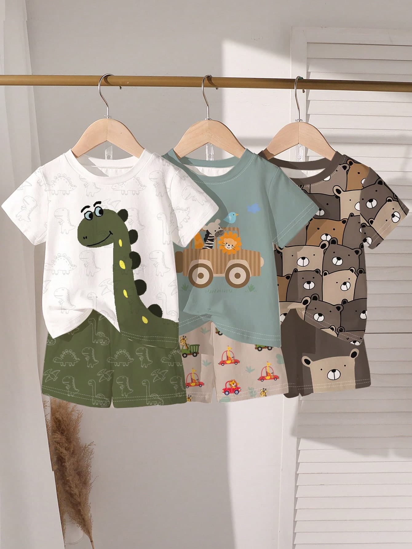 2pcs/Set Toddler Boys' Summer New Cartoon Dinosaur/Car/Bear Print Outfits, Cute And Comfortable Daily/Outdoor Matching Sets