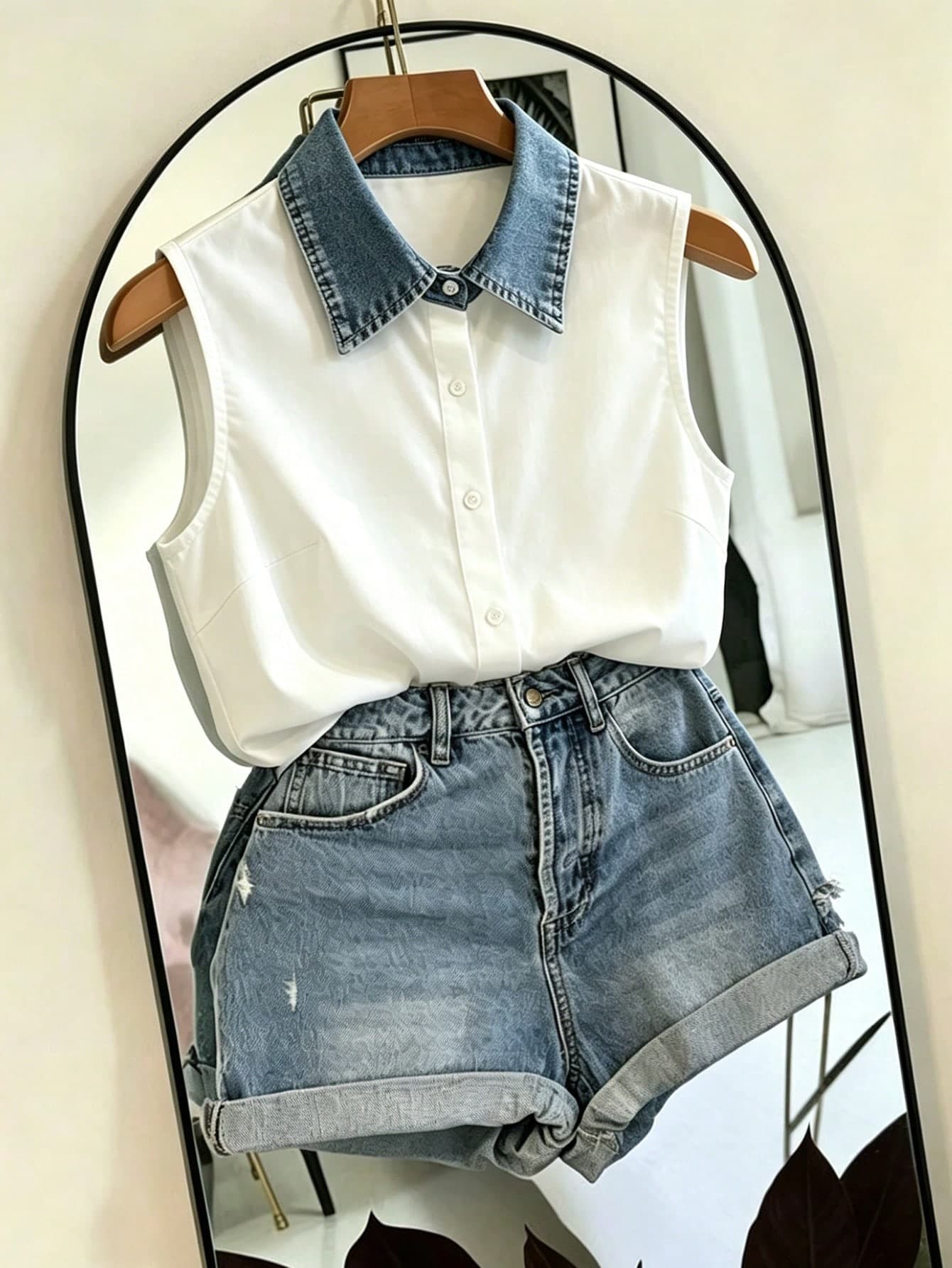 Franclia Women's Patchwork Collar Sleeveless Shirt,Elegant Button-Down Top,Blue And White,Summer,Casual,Vacation,New Chinese Style Denim Vest,Y2K