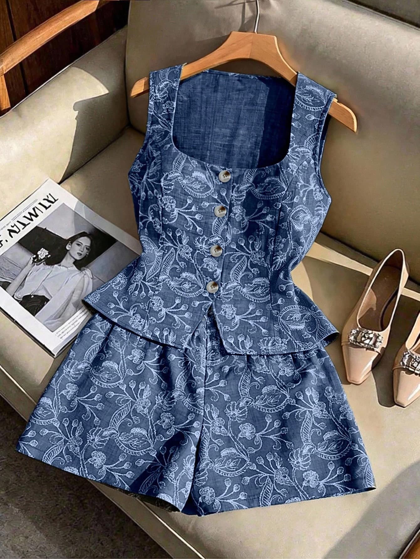 Franclia Plus Size Women's Retro 1950s Vintage Cashew Flower Linen-Look Sleeveless Top And Shorts 2-Piece Set Elegant Brown Holiday Vacation Gym Summer