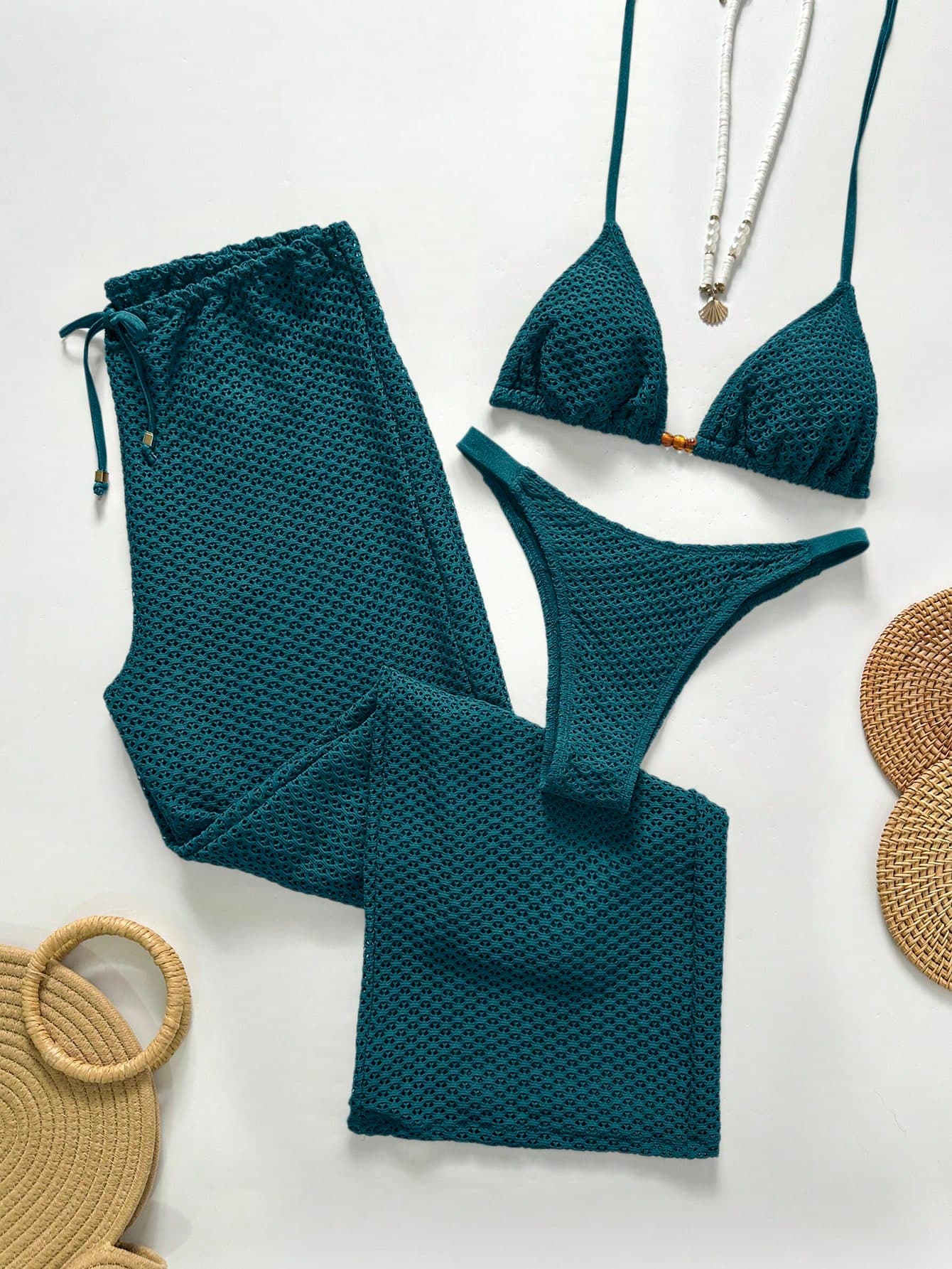 Swim Chiccia Women's Summer Beach Vacation Holiday Vacation Holiday Solid Color Mesh Hollow Out Bikini Set With Cover-Up And Pants, 3-Piece Teal Tropical Casual