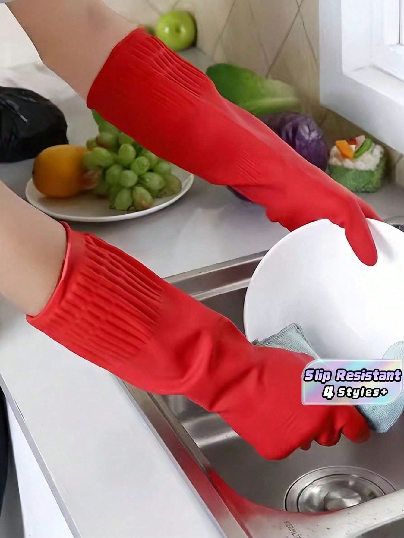 1PC Durable Rubber Cleaning Gloves Waterproof Slip Resistant Kitchen Handwear Reusable Protective Dishwashing Gloves For Women Men Gardening Cooking Washing Home Essentials Non Slip Grip Household Rubber Gloves Red Home Decor Kitchen Accessories