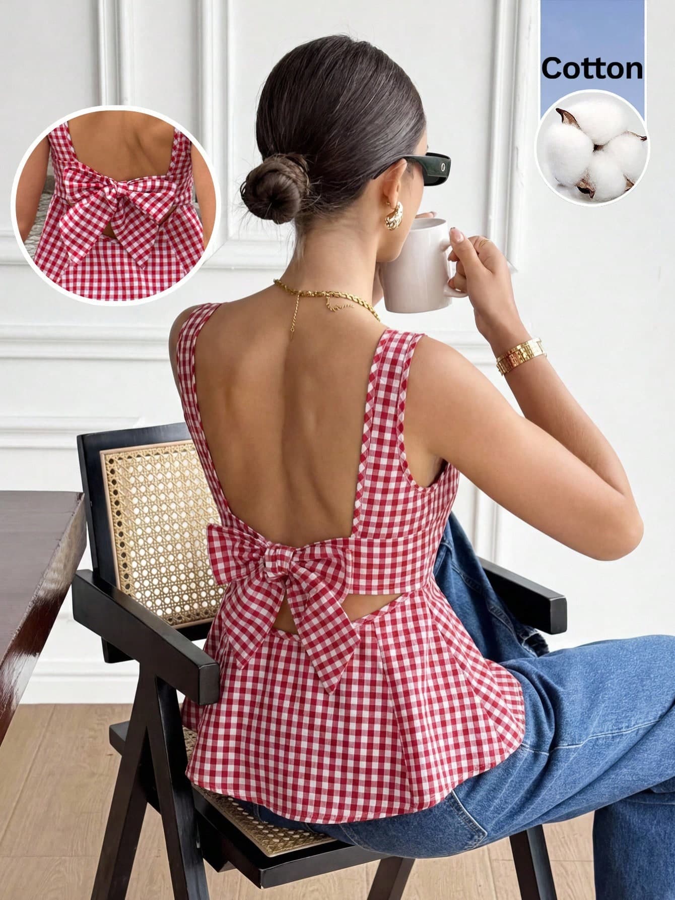 Serisse Women's Vacation Casual Plaid Bow Decor Backless Sleeveless Blouse,Summer Top