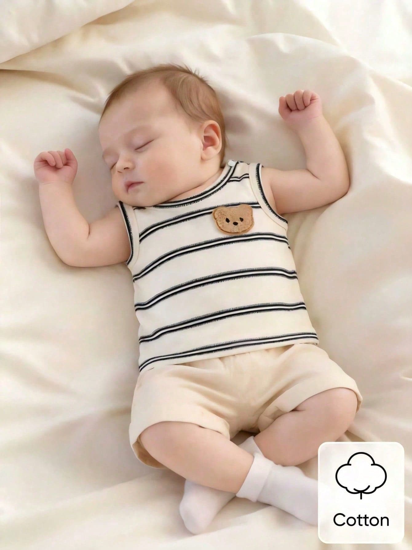 SHEIN 2Pcs Newborn Baby Boy Black And White Striped Summer Cute Family Matching Knitted Cotton T-Shirt And Elastic Waist Apricot PP Shorts Set Infant Outfit