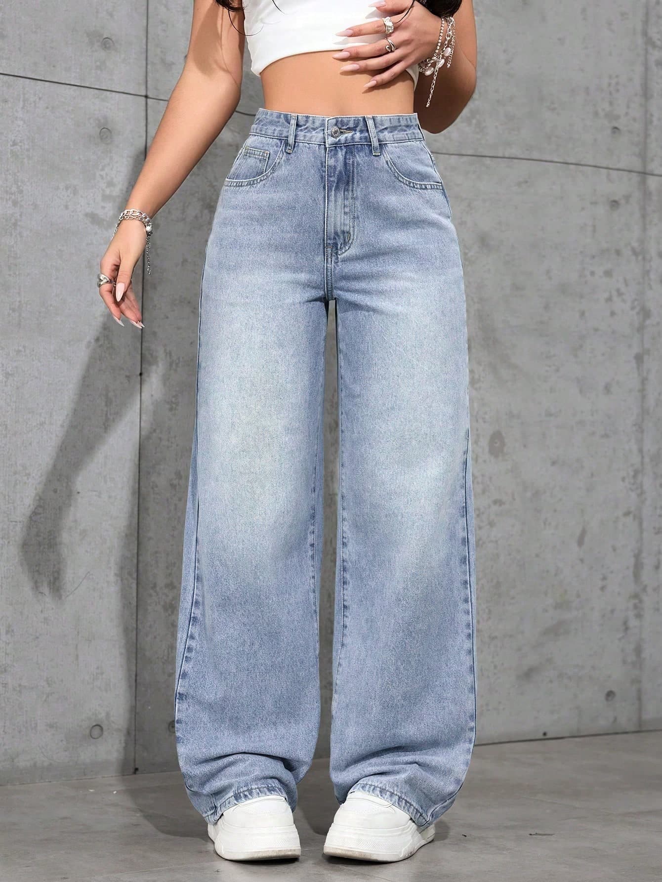 Jeanoix Women's High Waist Wide Leg Casual Streetwear Jeans With Pockets Occasion Light Blue Summer Back-To-School School