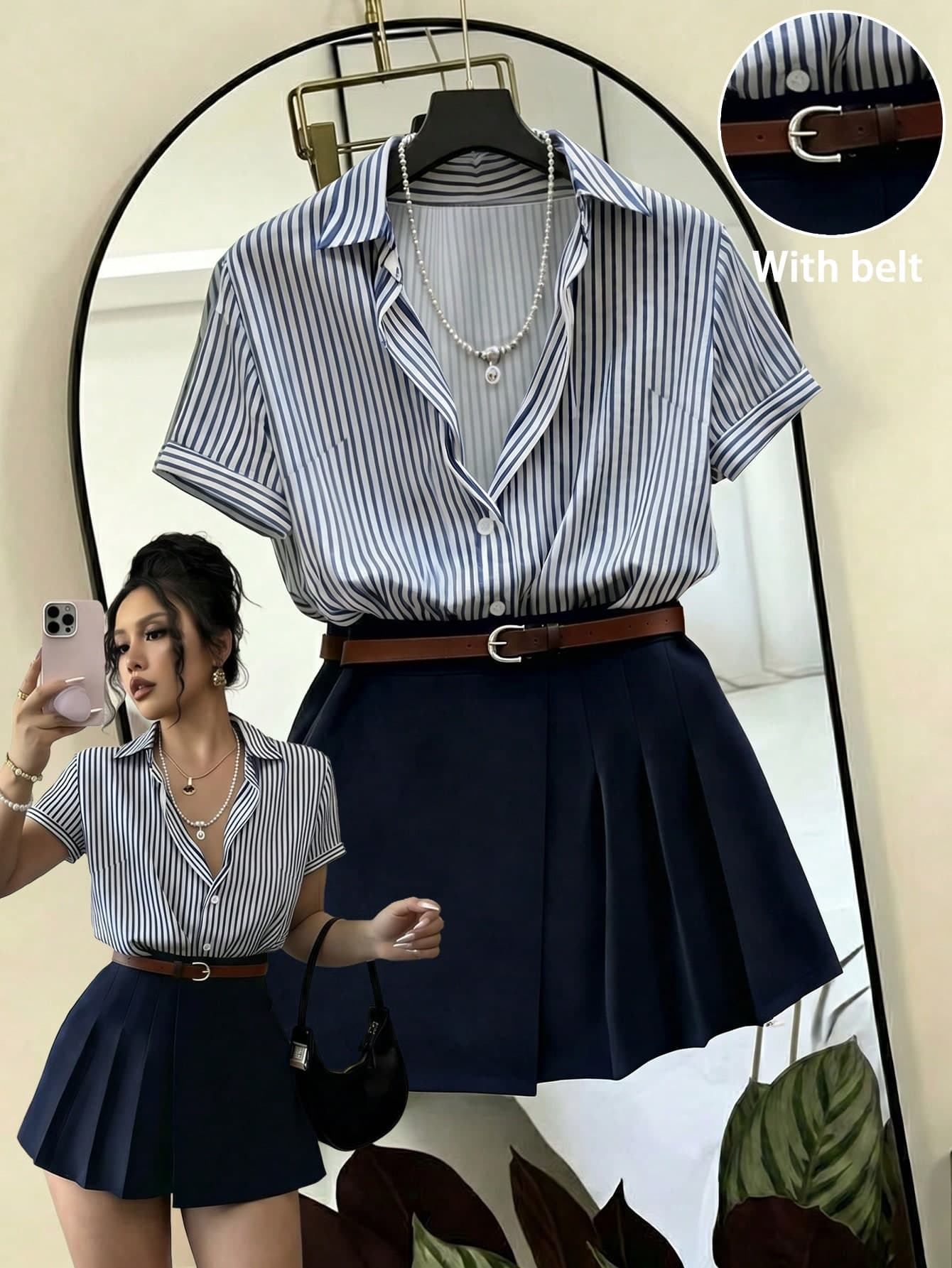Franclia 2pcs/Set Summer Casual Striped Shirt & Pleated Skirt,Navy Blue And White,Elegant And Classy,School,Back-To-School Korean Office Wear Women Clothes