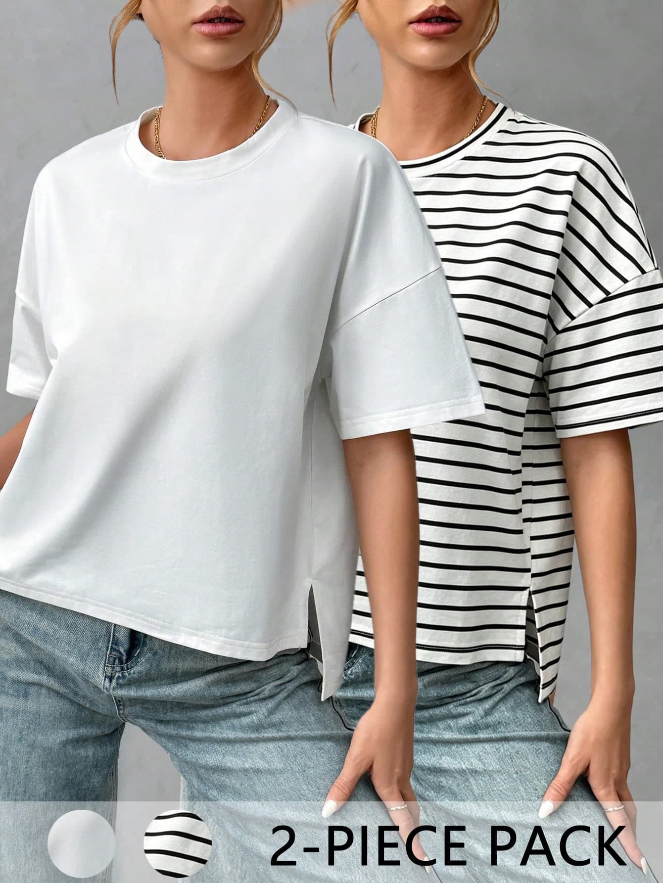 SHEIN Essnce 2pcs Set Women's Casual Loose Fit Front Short Back Long T-Shirt,Black And White Striped,Summer Top For Vacation,Beach,Party,Elegant Fashion Occasion