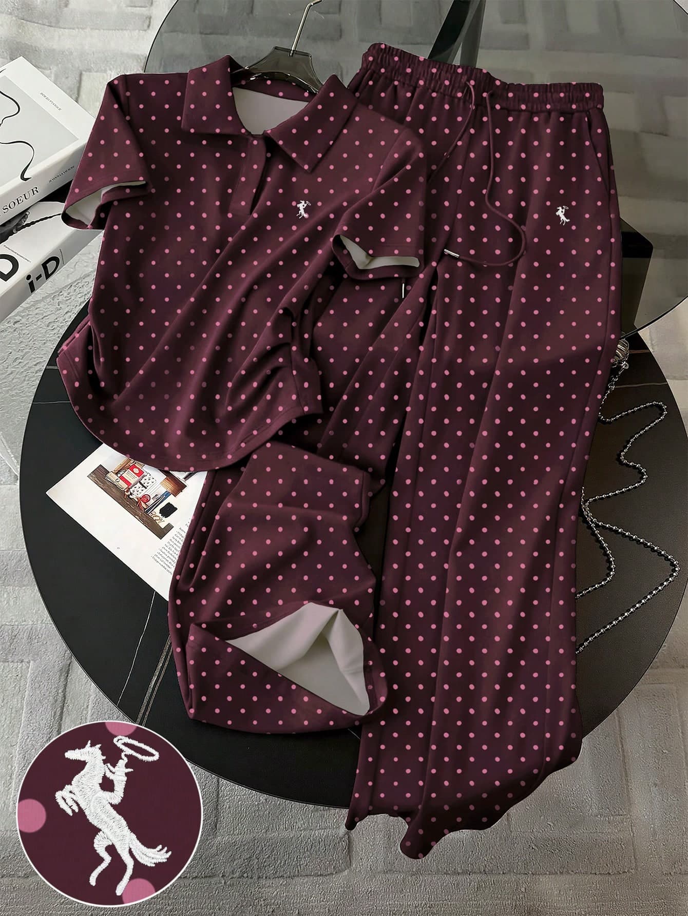 Franclia Polka Dot Digital Print Embroidered Fashionable Minimalist Women's Polo Collar T-Shirt + Pants Set, Gift For Friends