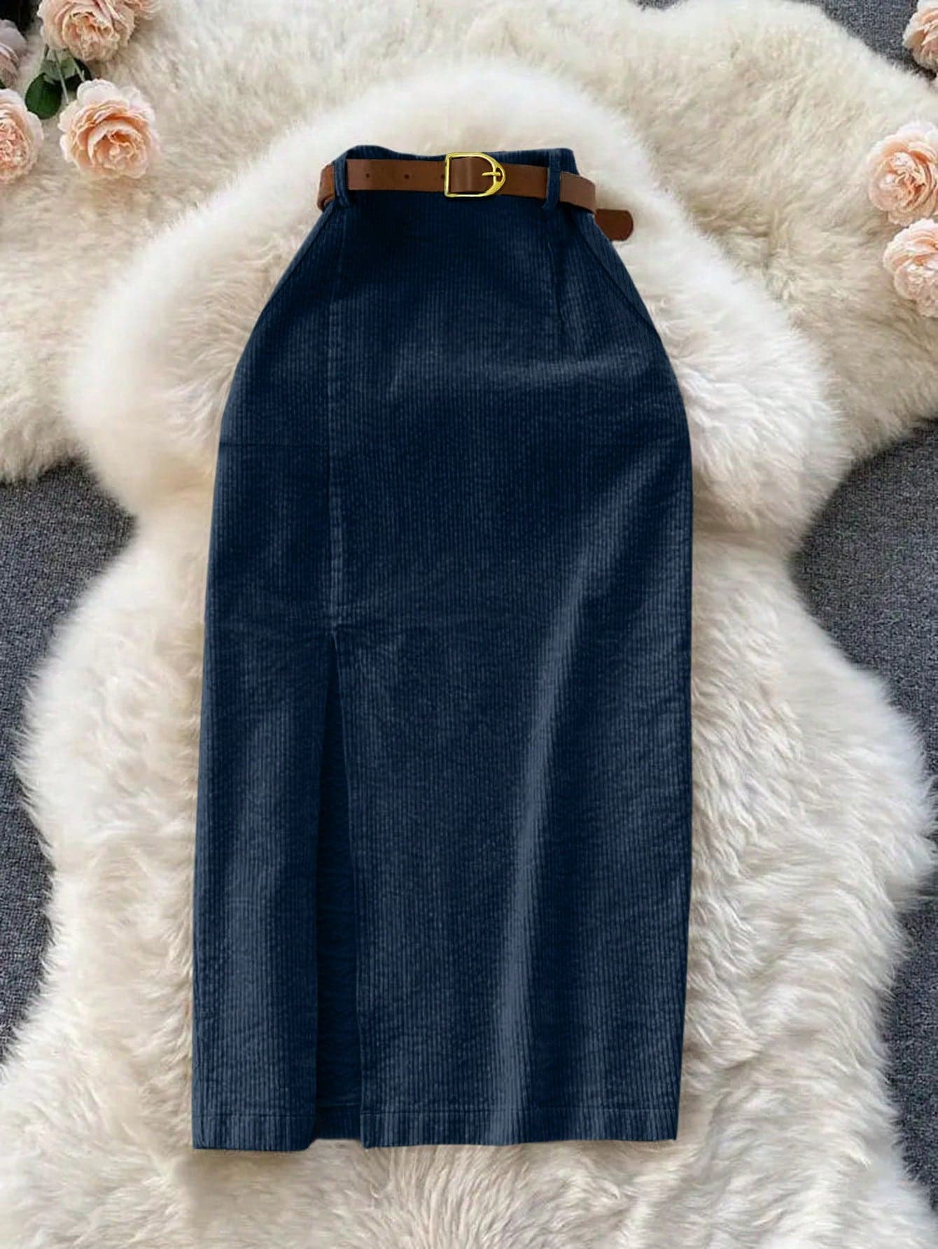 Franclia Women's Casual Everyday Commute Minimalist Solid Color Corduroy A-Line Skirt With Belt, Autumn/Winter