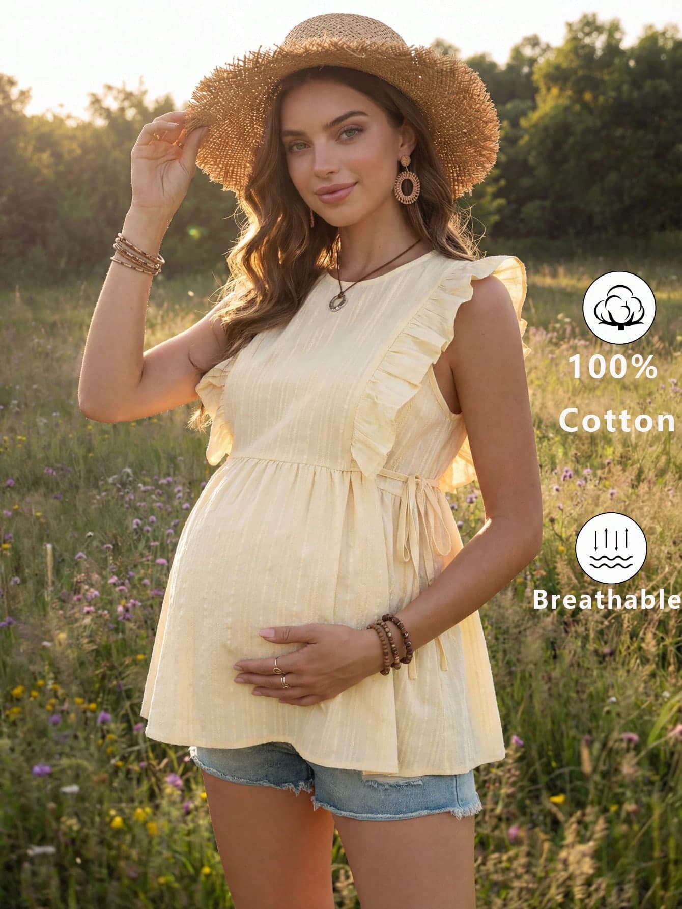 Boho Mama Yellow Cotton Babydoll Maternity Summer Top, Boho Maternity Ruffle Sleeveless Shirt With Side Ties For Pregnancy, Holiday Vacation Casual Photoshoot