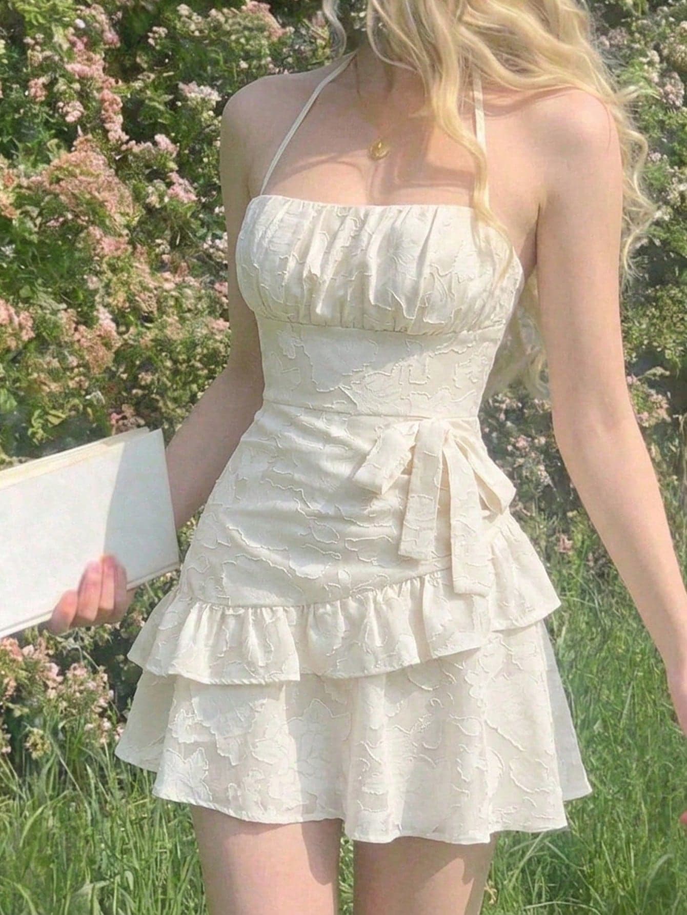 Skyraze Women's Elegant Cream White Halter Neck Mini Dress,Modest Summer Picnic Cottagecore Style,French Vintage Wedding Guest Party Outfits,Graduation Dress
