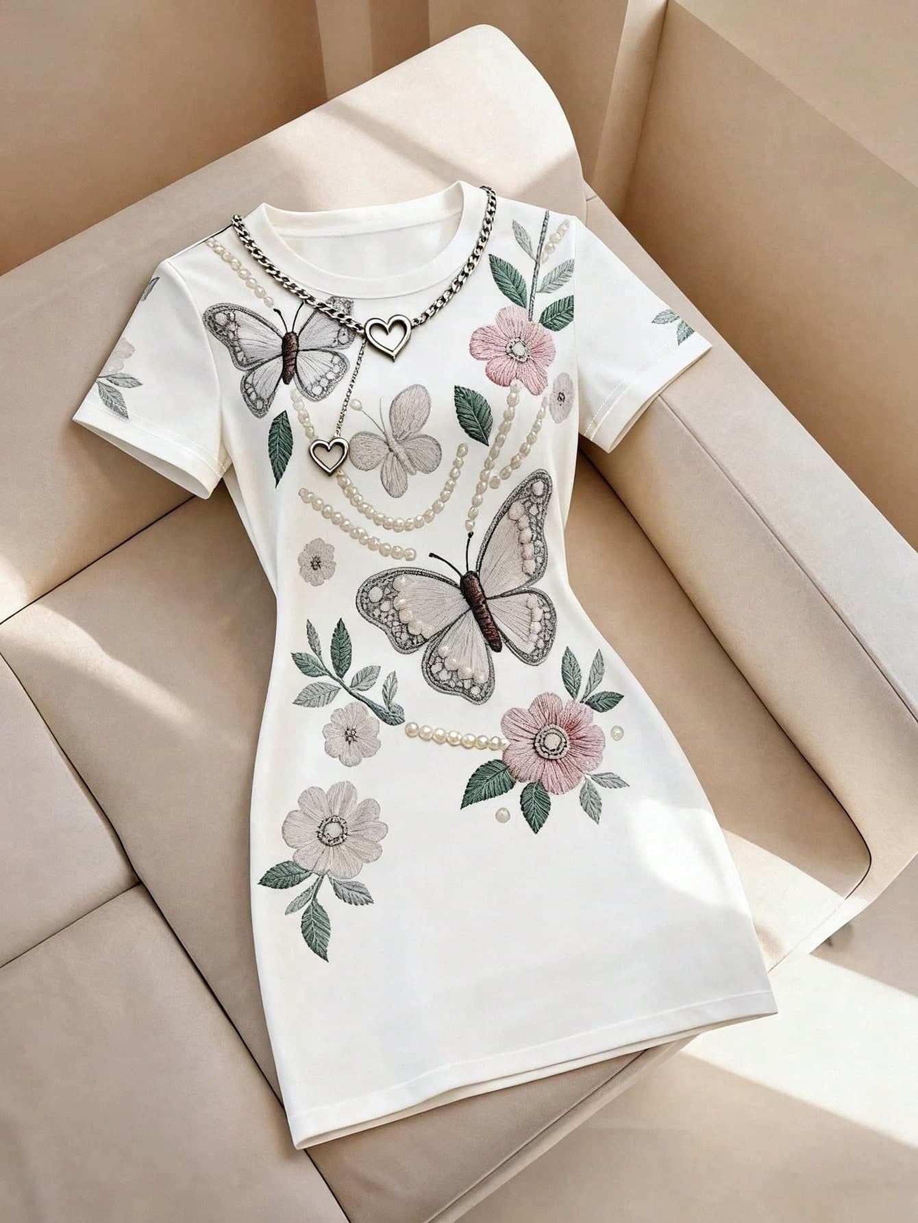 Franclia Women's Floral And Butterfly Print Round Neck Short Sleeve Mini Dress