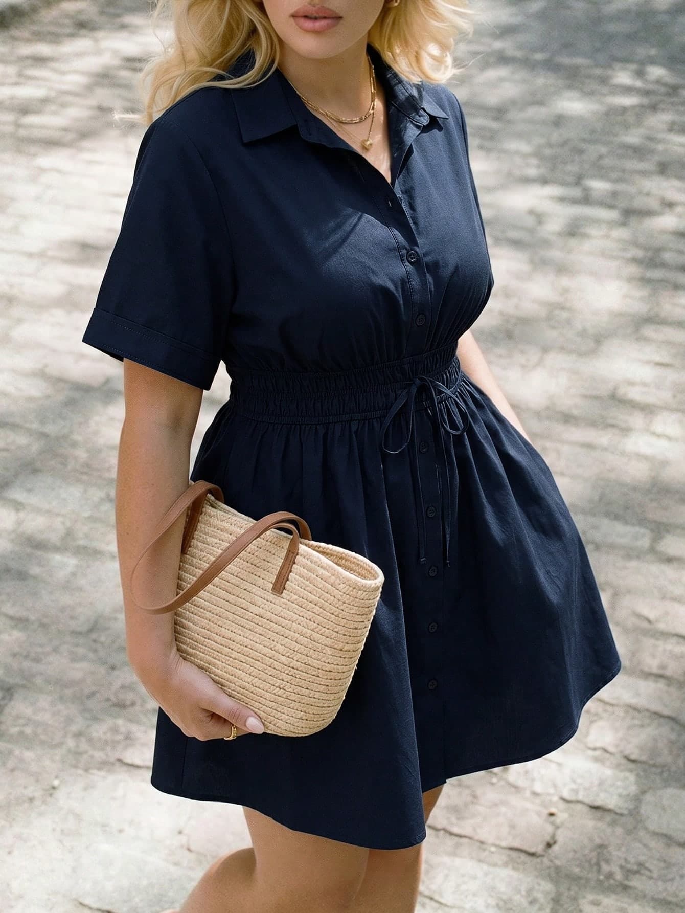 Dripcurv Plus Size Solid Color Button Front Twist Casual Short Sleeve Dress,Business Casual Woman Elegant