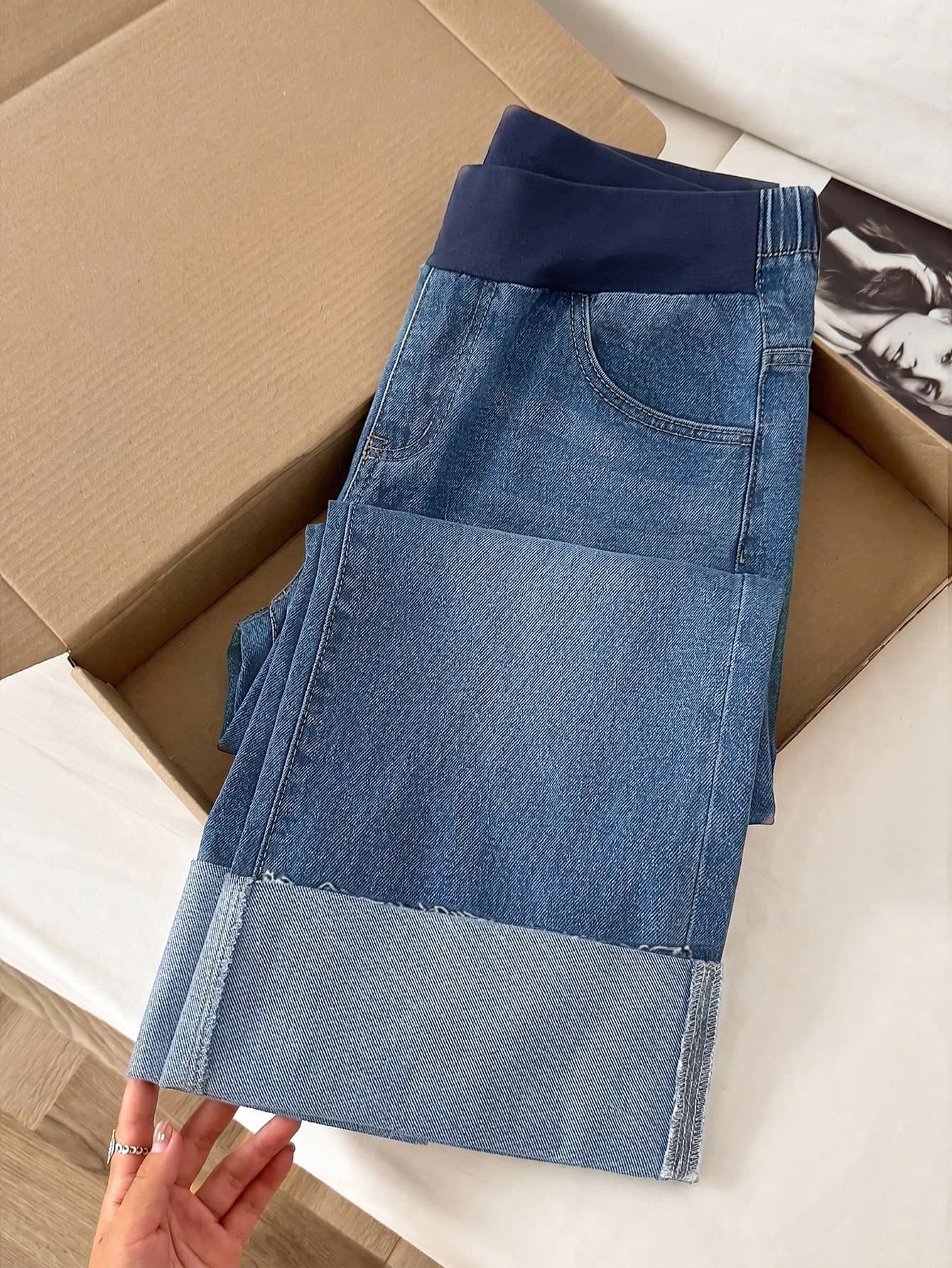 SHEIN Maternity Navy Blue Summer Smart Casual Washed Wide Leg Jeans,Adjustable Panel Color Block Waist Straight Leg Stylish Cuffed Hems For Expecting Moms