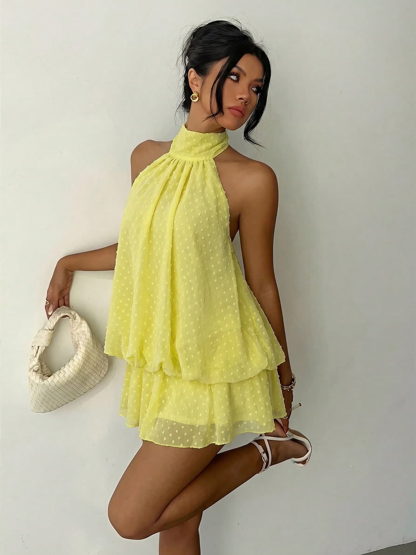 Aloruh Women's Elegant Light Yellow Halter Neck Tie Mini Dress