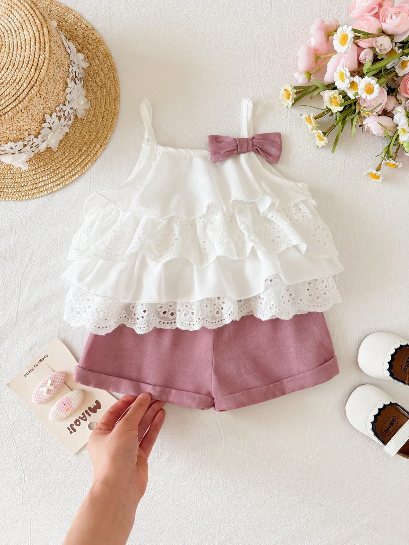 Baby Girl Vacation Casual Cute White Ruffle Strap Tank Top And Elastic Waist Shorts Set