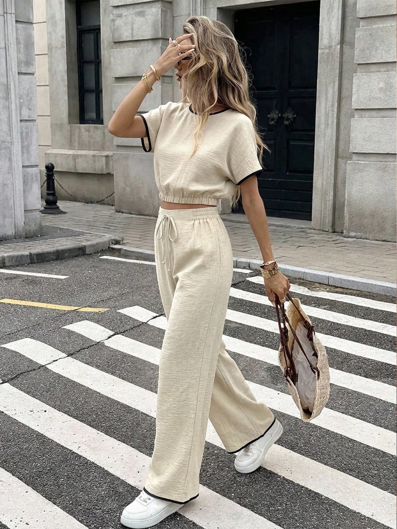 Serisse Women's 2 Pieces Lounge Set,Short Sleeve Crop Top Wide Leg Pants Summer Tracksuit,Textured Fabric Drawstring Waist,Beige,Casual,Everyday Everyday