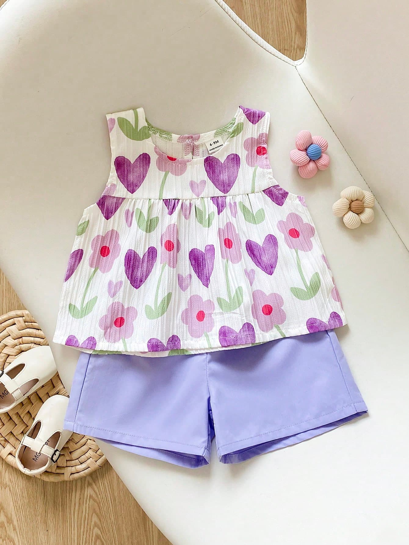 SHEIN Playful Pals Babygirl Two Pieces Summer Sleeveless Top And Shorts Set,Cute White Flowy Woven Fabric With Cherry Patterns,Sweet Elegant Vacation Pastoral Style