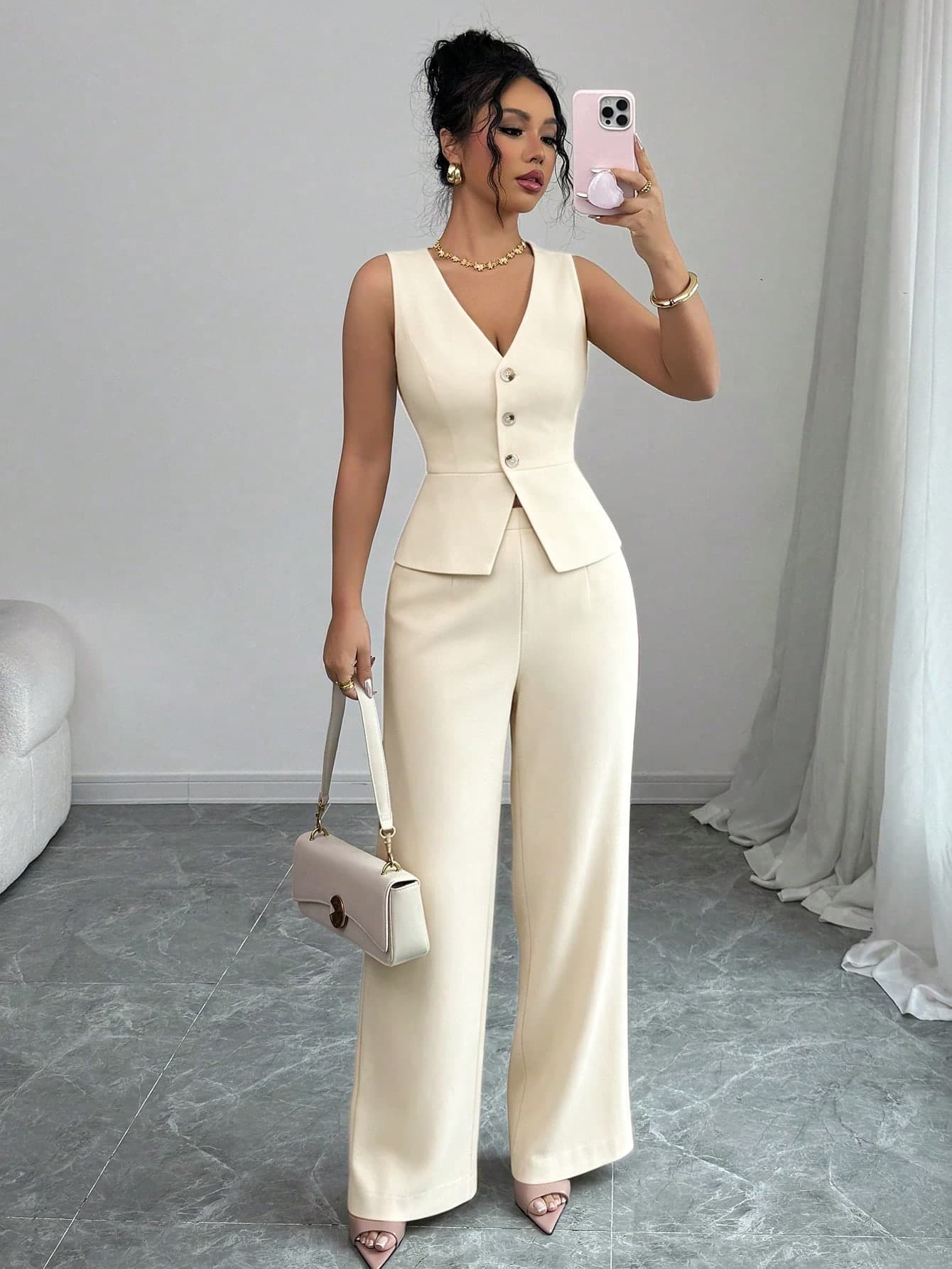 Elenzga Women's Elegant Sleeveless Blazer Vest And Pants Suit Set, Business/Commute Style, Summer