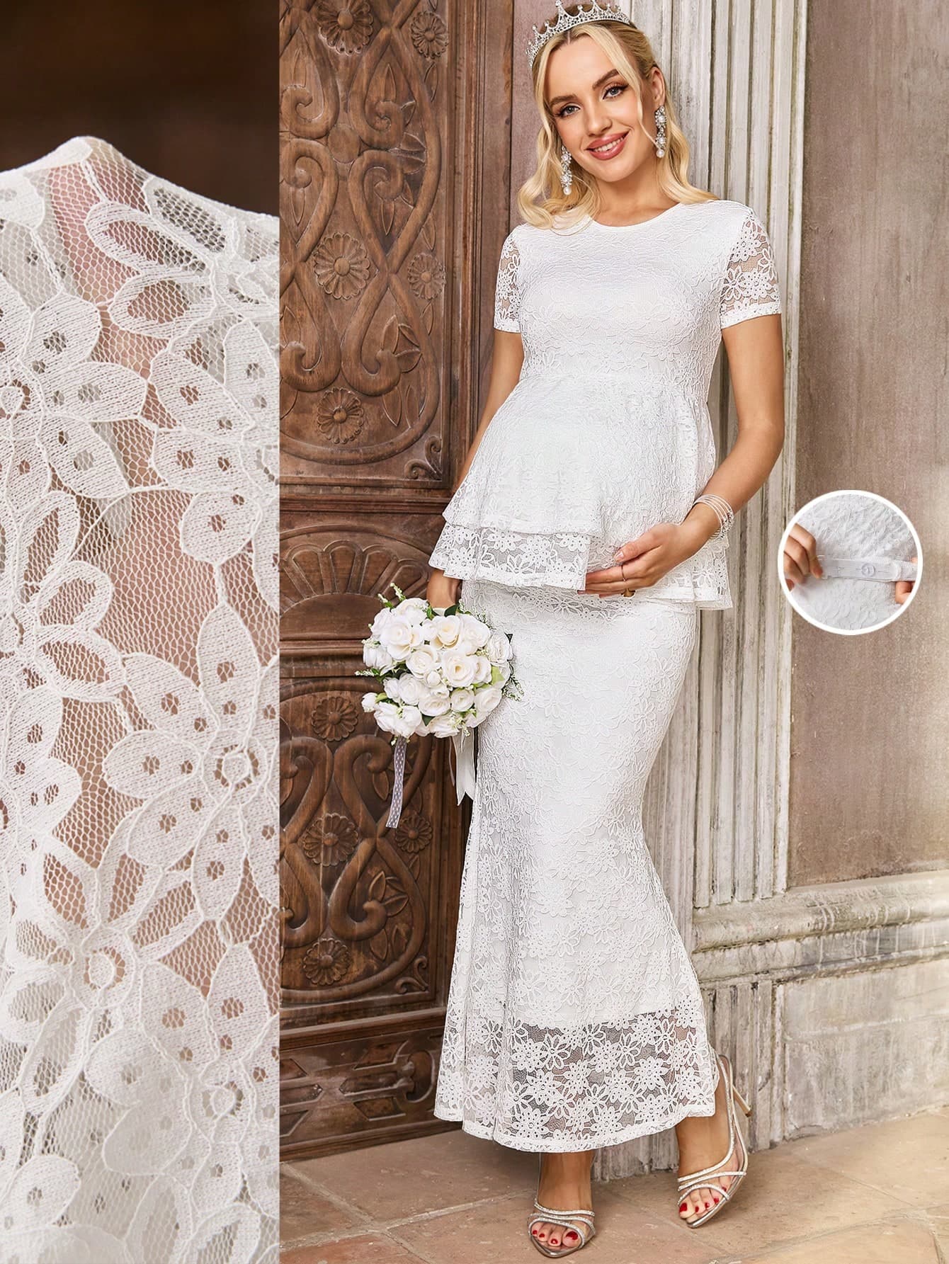 SHEIN White Summer Elegant Maternity Pregnant Clothes,Wedding 2pcs Maternity Set:Round Neck Short Sleeve Top And Adjustable Waist Skirt Fashionable Party