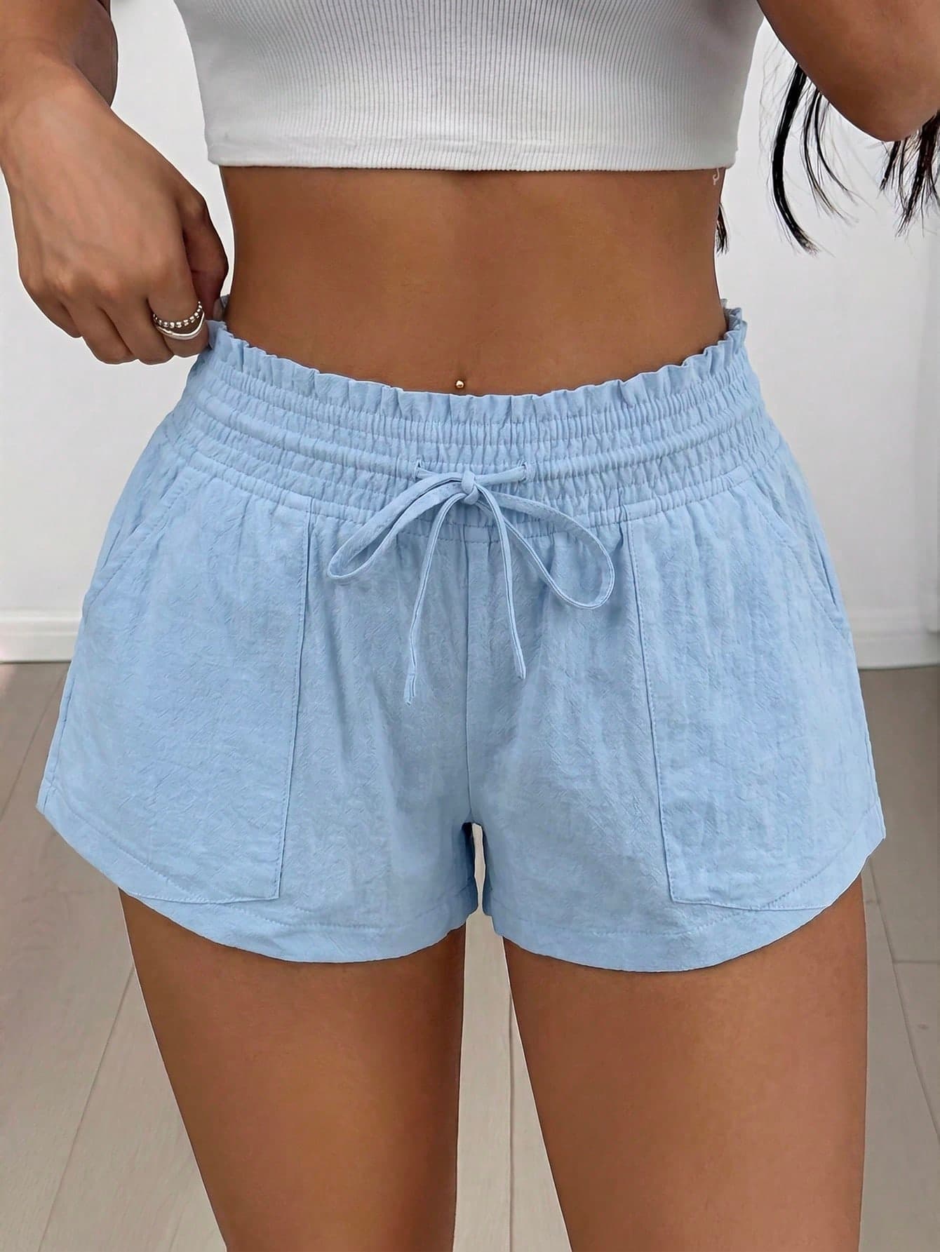 SHEIN EZwear 2026 Summer Women's Casual Solid Light Blue Drawstring Waist Side Pocket Shorts