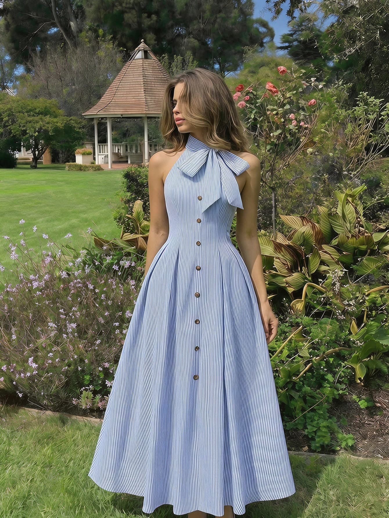 Skyraze Elegant Blue And White Stripe Summer Maxi Dress For Women,Mandarin Collar Bow Tie Sleeveless Waist Cinched Tea Party Dress,Wedding Guest Graduation