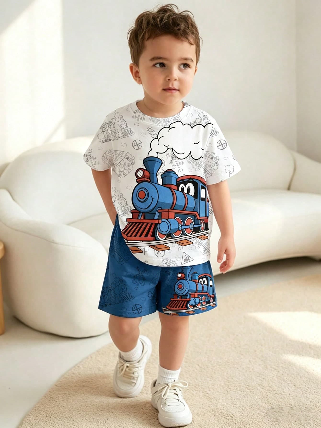 SHEIN Genkimix Kids 2pcs/Set Young Boys Casual Comfortable White Outfit,Soft Short Sleeve Tee And Shorts Summer Sports Set,Cute Cartoon Train Pattern,Family Matching