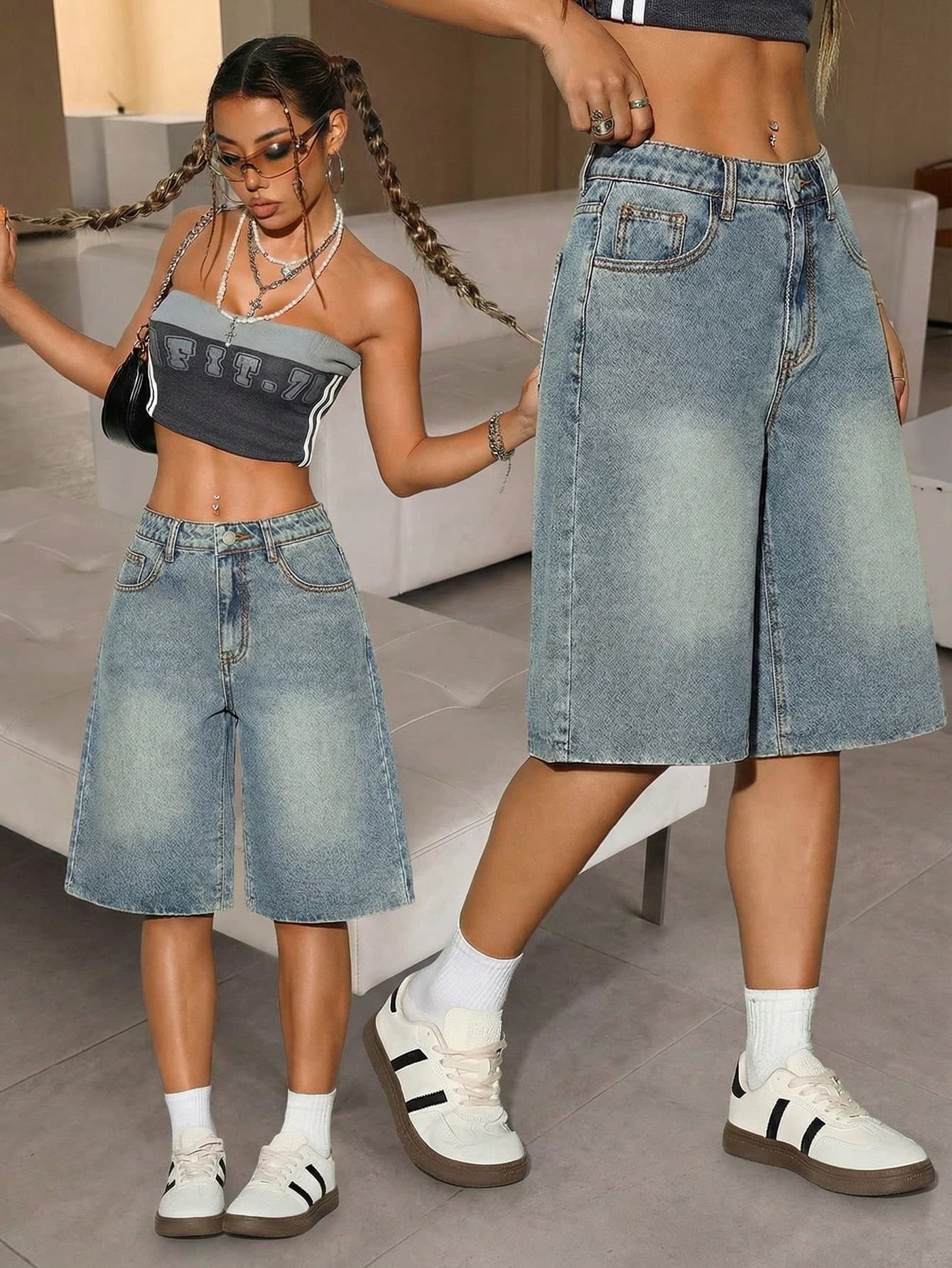Teen Girl Loose Blue Denim Capri Pants,Summer,Casual And Fashionable Vacation,Street Wear,2000s Style,Comfortable And Soft Denim,Comfortable And Soft Denim Middle Pants