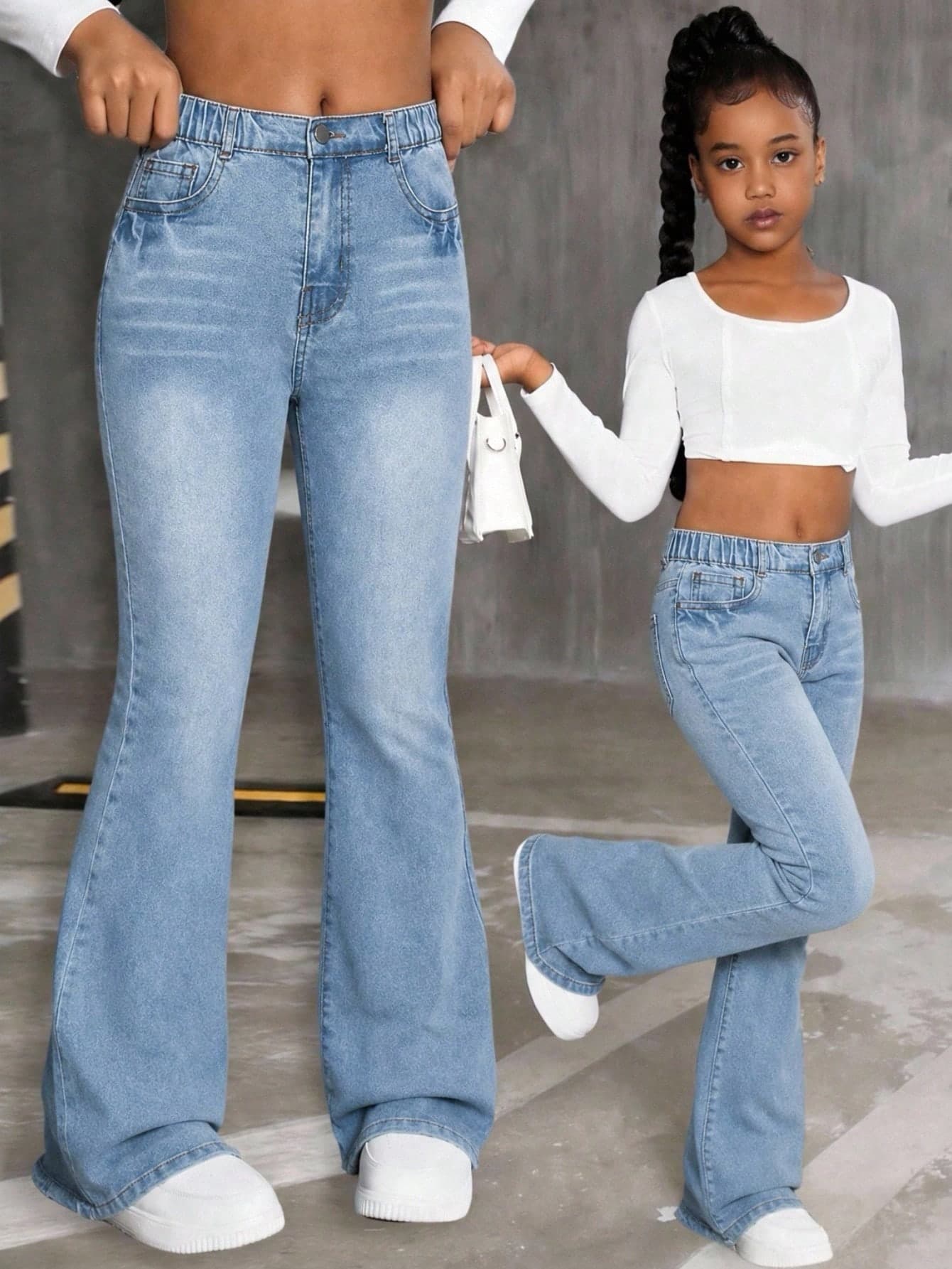 SHEIN Tween Girl Y2K 90s Vintage Flare Jeans,Light Blue Stretchy Denim,Cat Whisker Wash,Casual School Back-To-School Summer Streetwear Slim Leg Silhouette