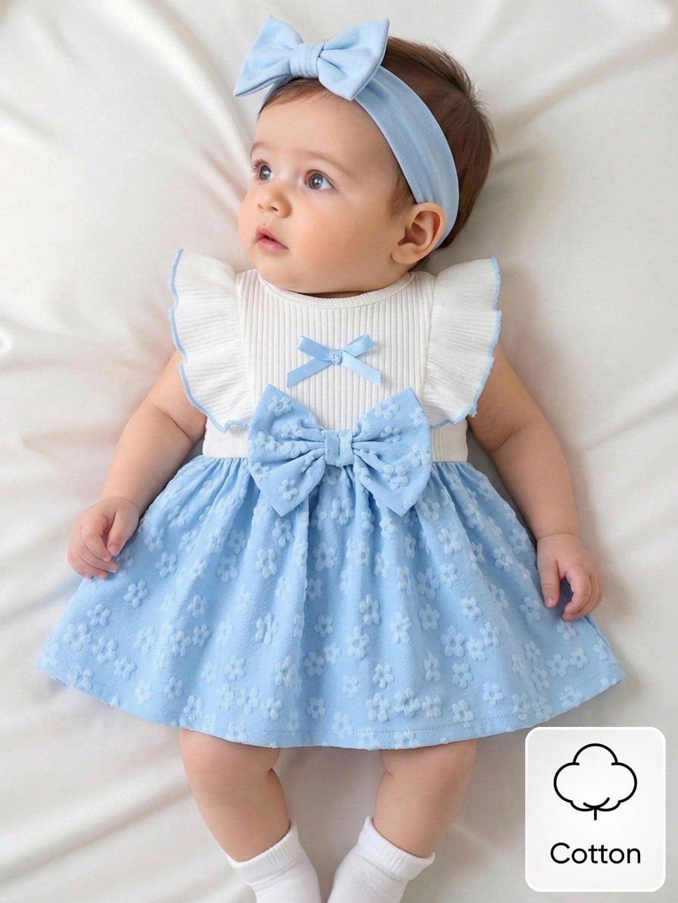 SHEIN Newborn Baby Girl White Sleeveless Lace Collar Patchwork Pink Bow Dress New Elegant Retro Cute Fabric Comfortable