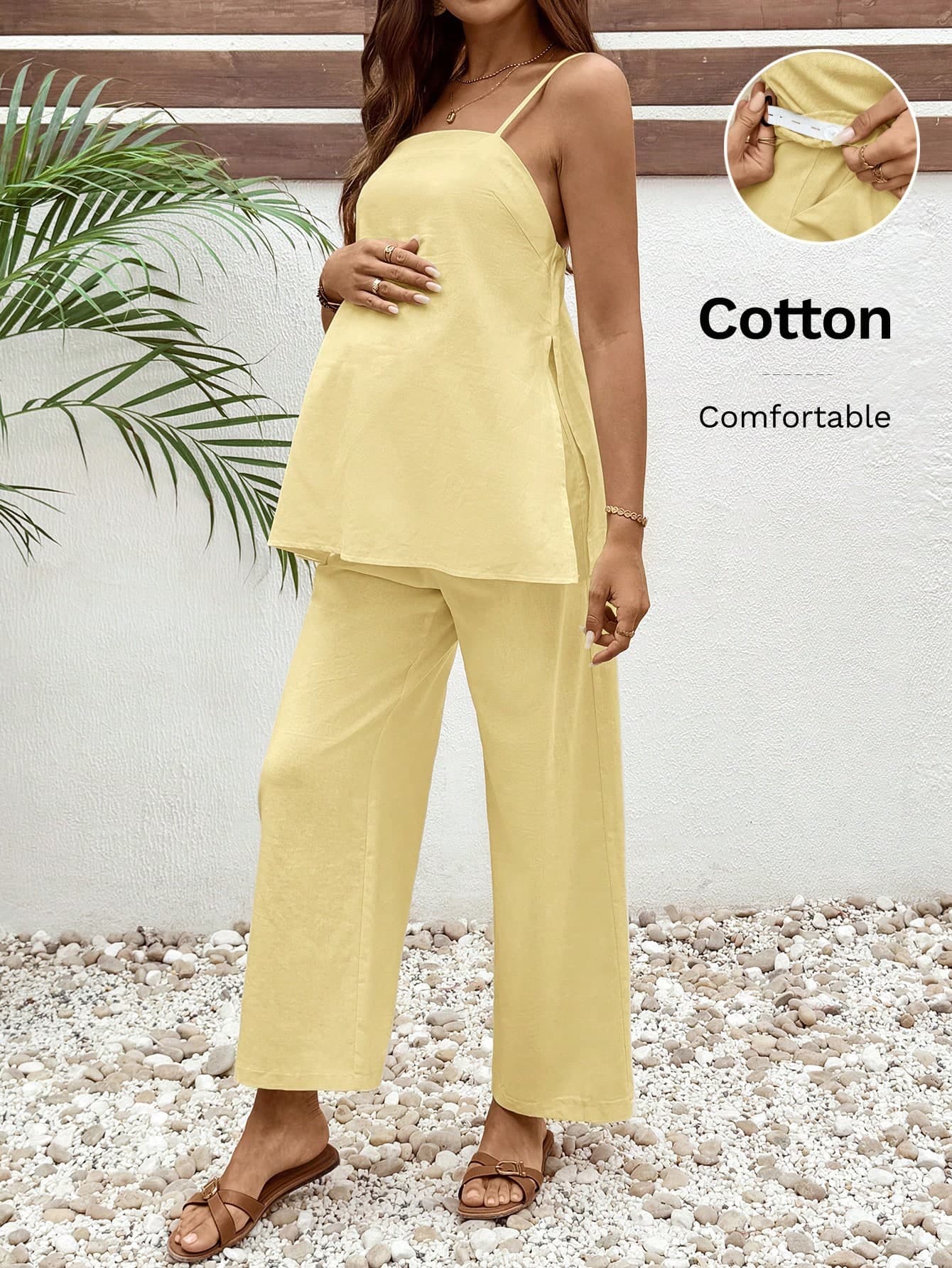 SHEIN Maternity Summer Casual Vacation Simple Solid Color Slit Hem Camisole And Adjustable Waist Wide Leg Pants 2 Pieces Set Maternity Photoshoot