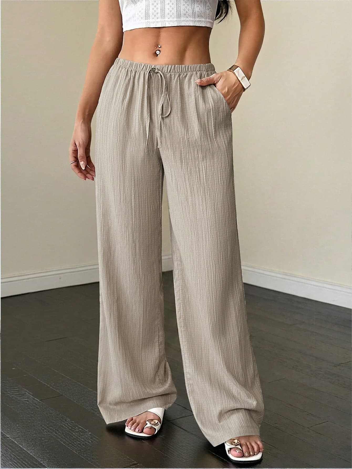 Flirla Petite Women's Solid Color Pocket Drawstring Loose Wide Leg Pants Fall Cloth For Women ,Petite Women
