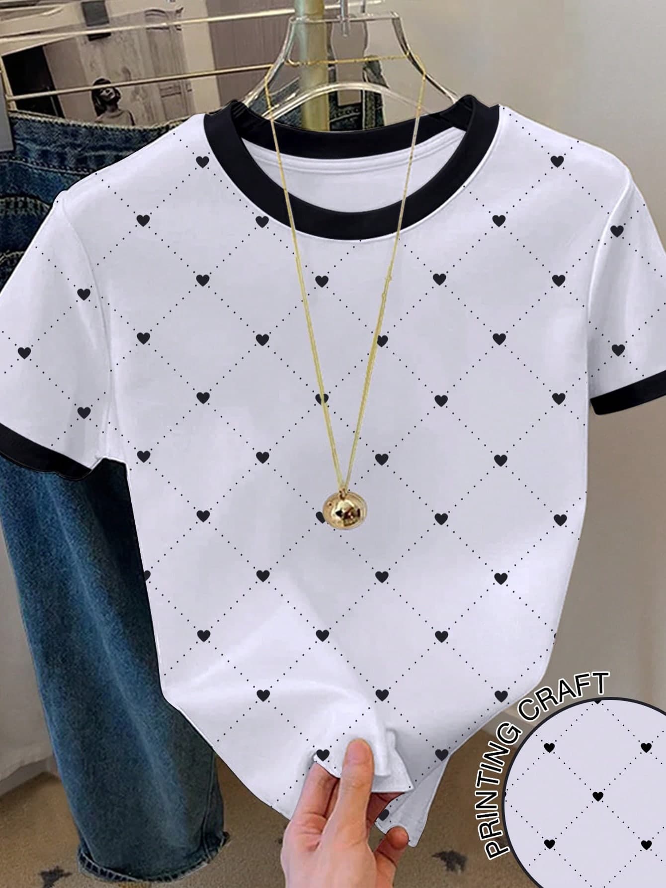 SHEIN Women's Round Neck Heart Print Casual Versatile Daily Wear Short Sleeve T-Shirt