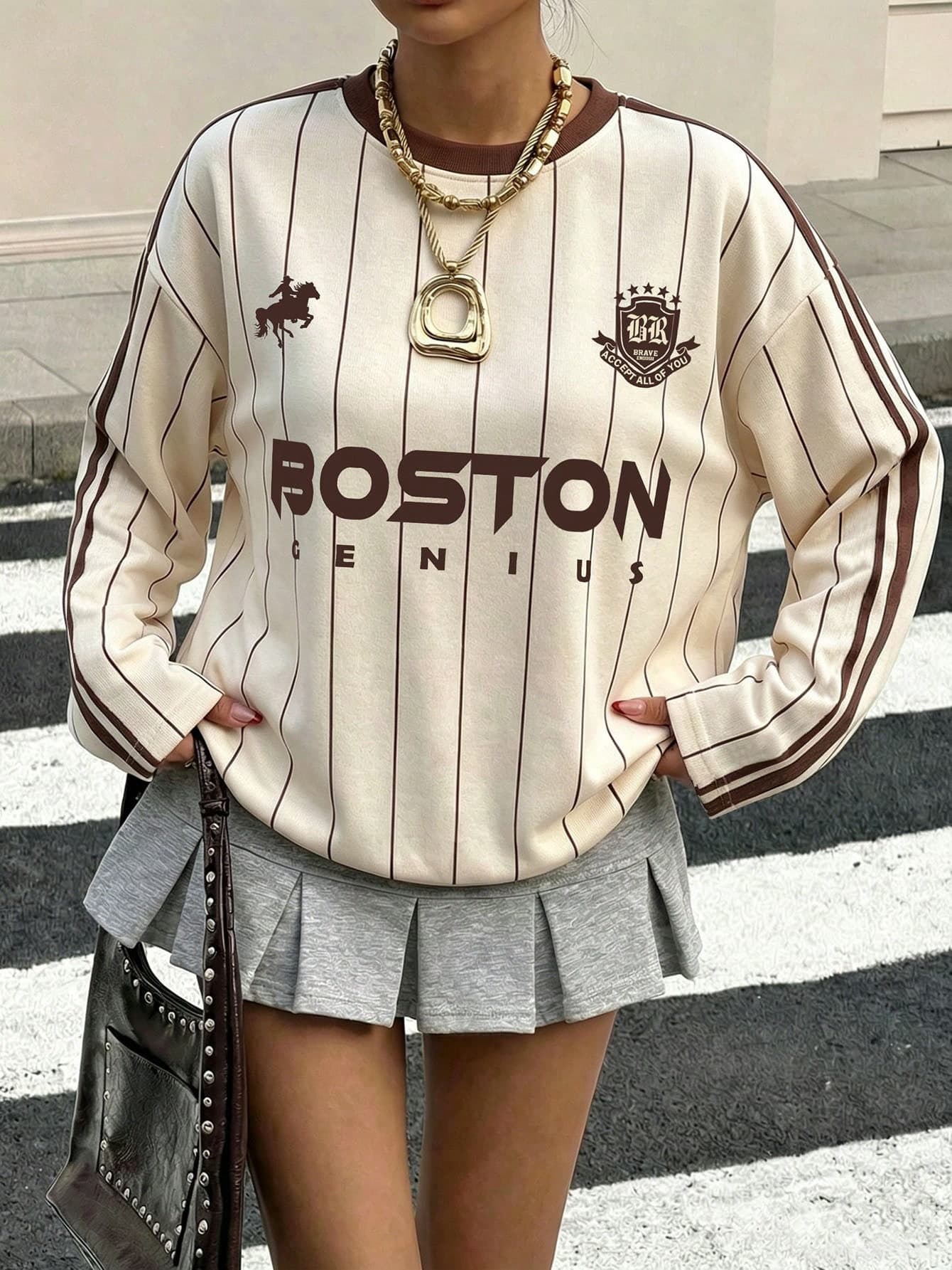 Muchica Plus Size Women Casual Streetwear Minimalist Letter Chocolate Brown Drop Shoulder Long Sleeve T-Shirt, Spring/Autumn Back-To-School Graduation
