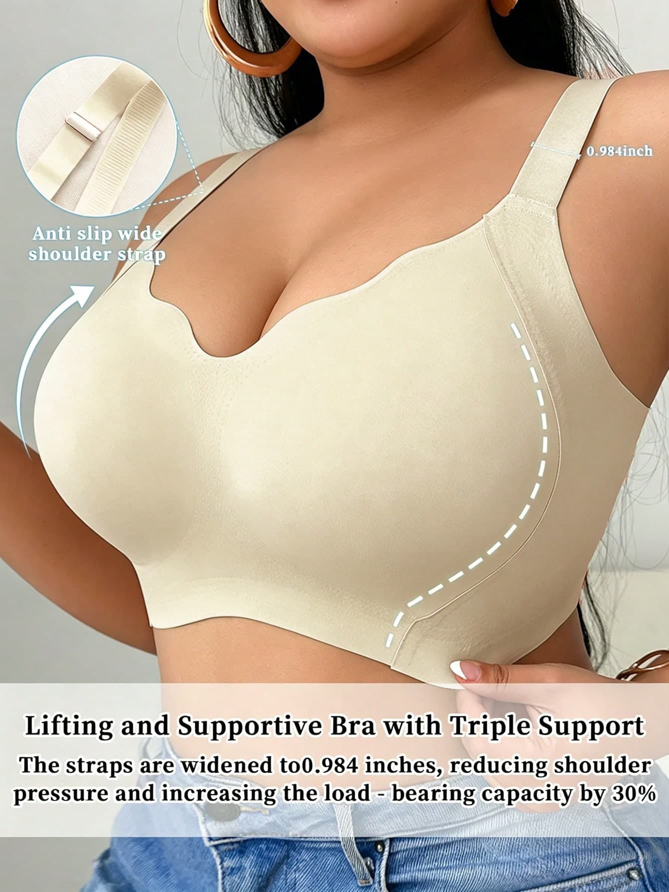 SHEIN Plus Size Seamless Wireless Bra, Soft Support V-Neck Bra, Comfortable 1 Piece