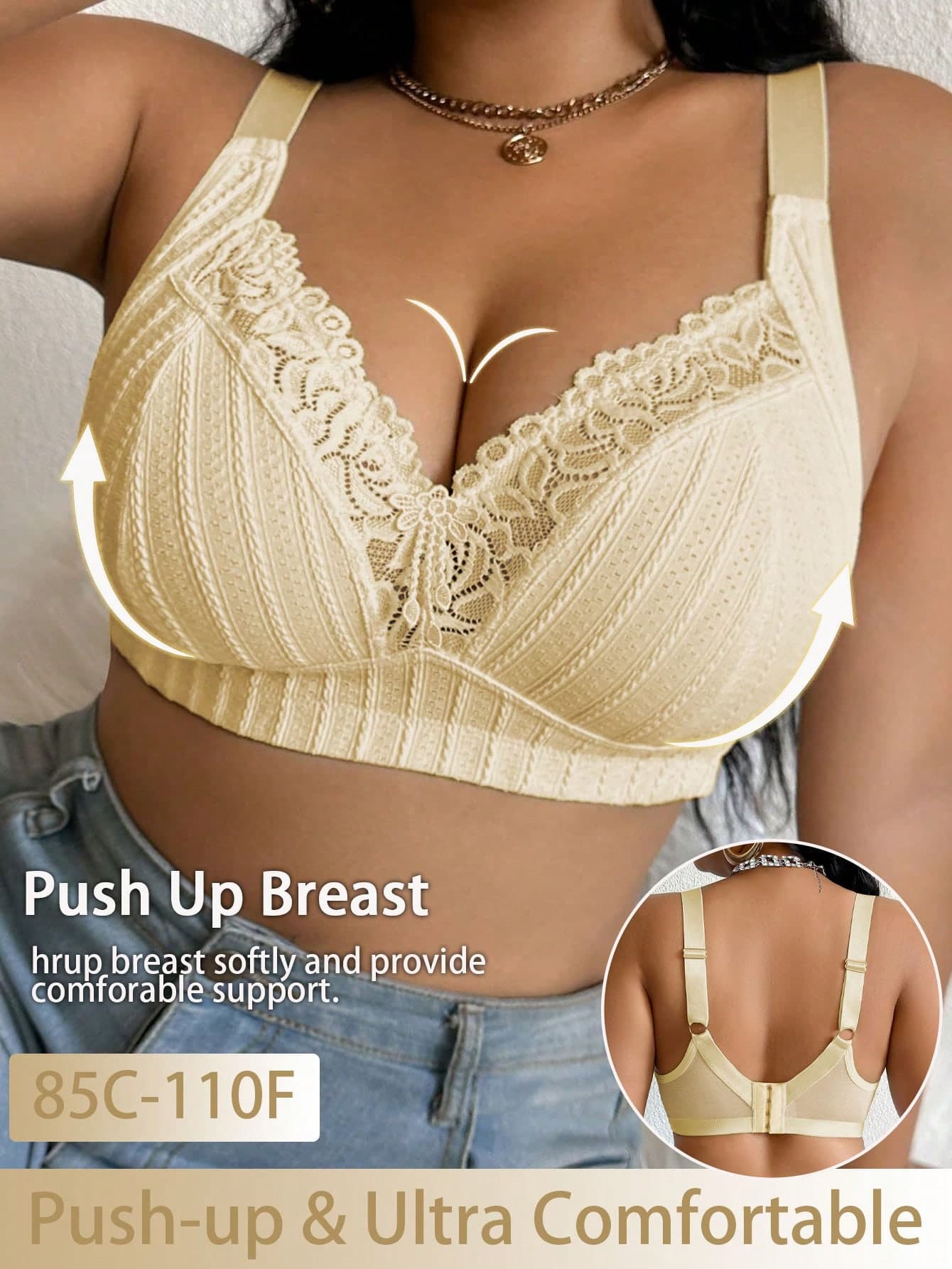 DesireSculpt 1pc Plus Size Lace Patchwork Wireless Bra