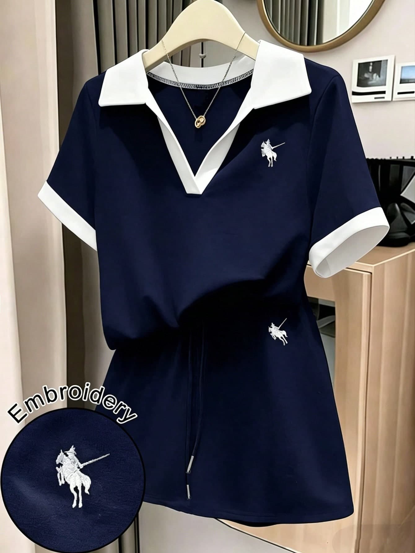 GlowEve Women's Patchwork Color Knight Embroidery Pattern Short Sleeve Top And Mini Skirt Casual 2 Pieces Set