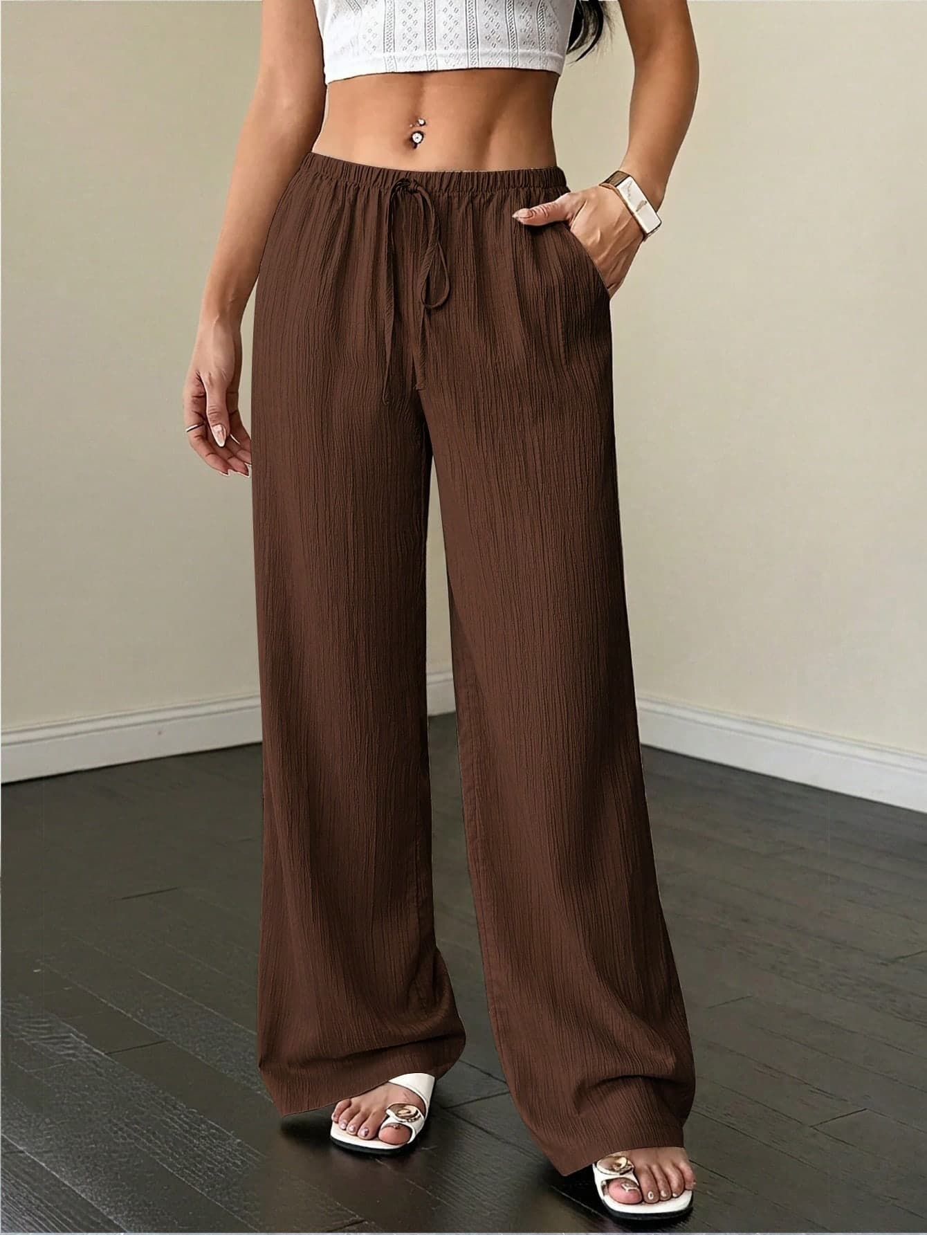 Flirla Tall Women's Pants, Textured Fabric, Waist Tie Fall Cloth For Women, Tall Women