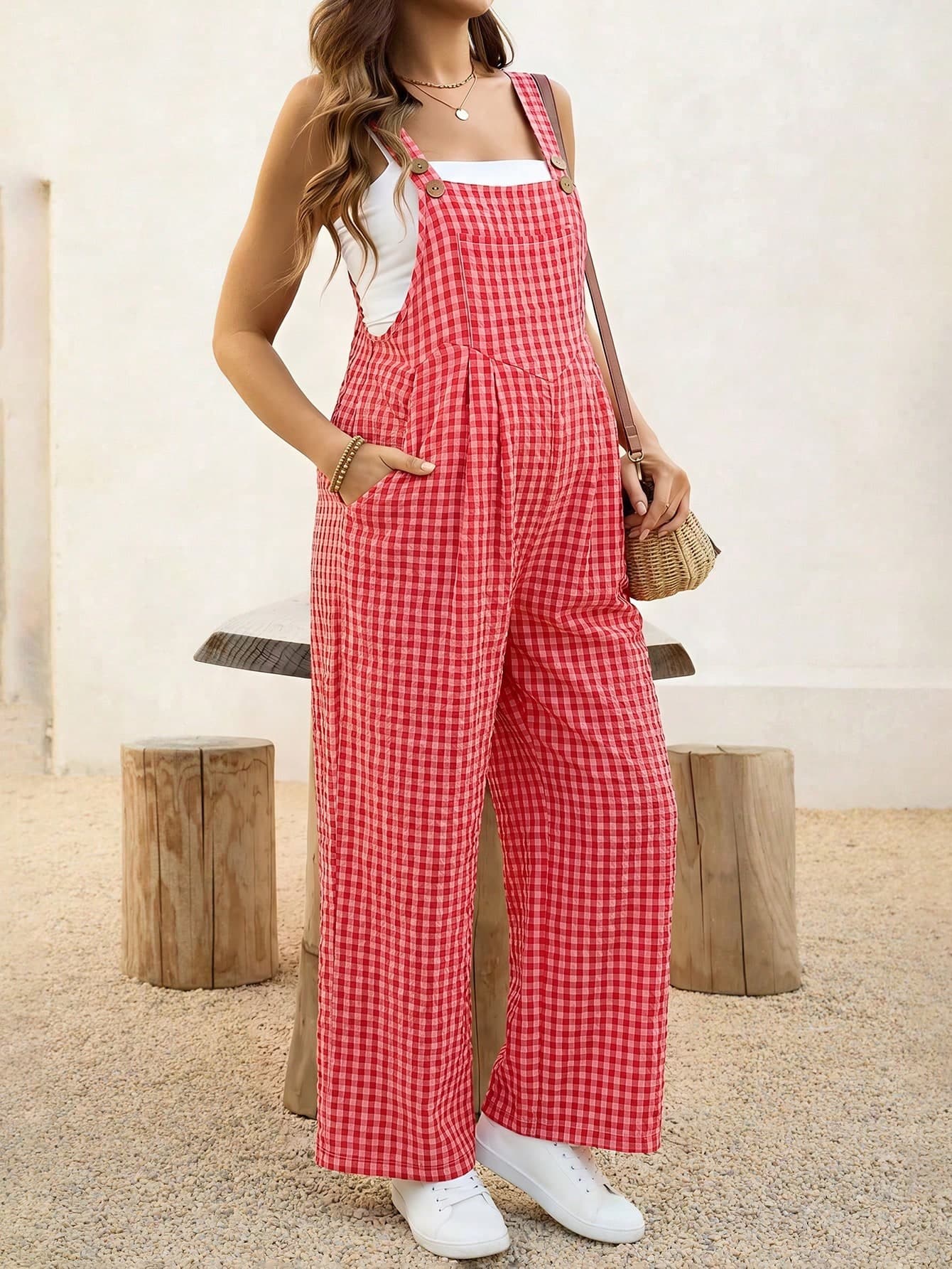 SHEIN Gasaul Vacation Plaid Wide Leg Maternity Jumpsuit