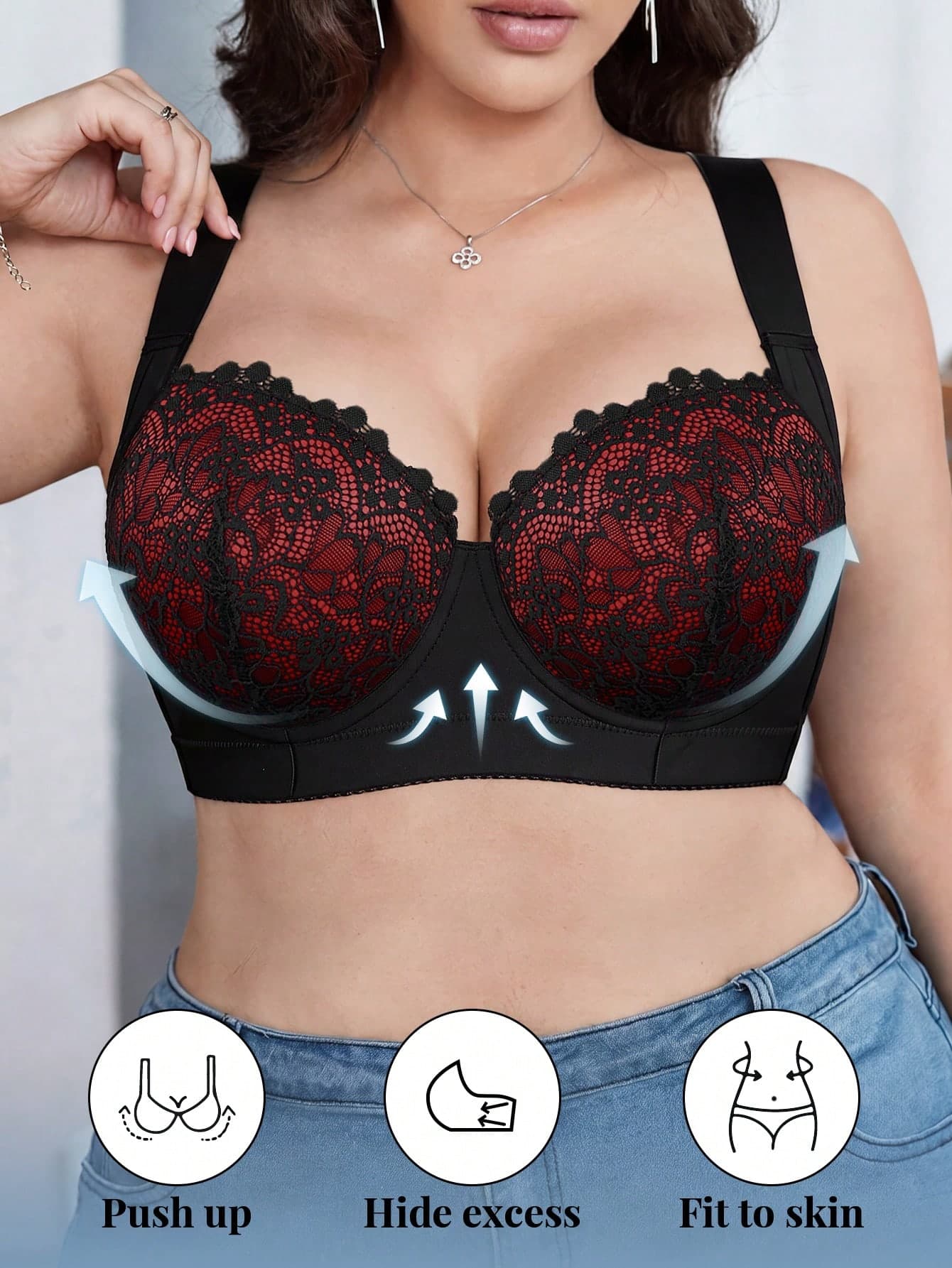 DesireSculpt 1pc Plus Size Lace Patchwork Comfortable Seamless Wireless Adjustable Supportive Bra