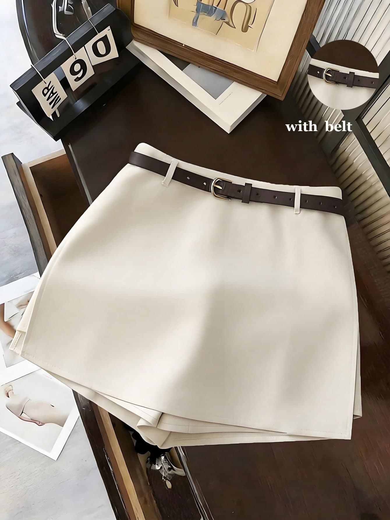 Franclia Women's Slit Hem A-Line Skirt With Belt,White Summer Business Casual Office Skorts,Low Waist Solid Mini Shorts For Vacation Beach